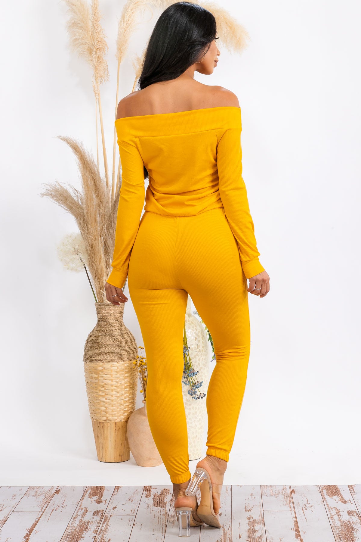 HH620R-SOLID - OFF SHOULDER JUMPSUIT