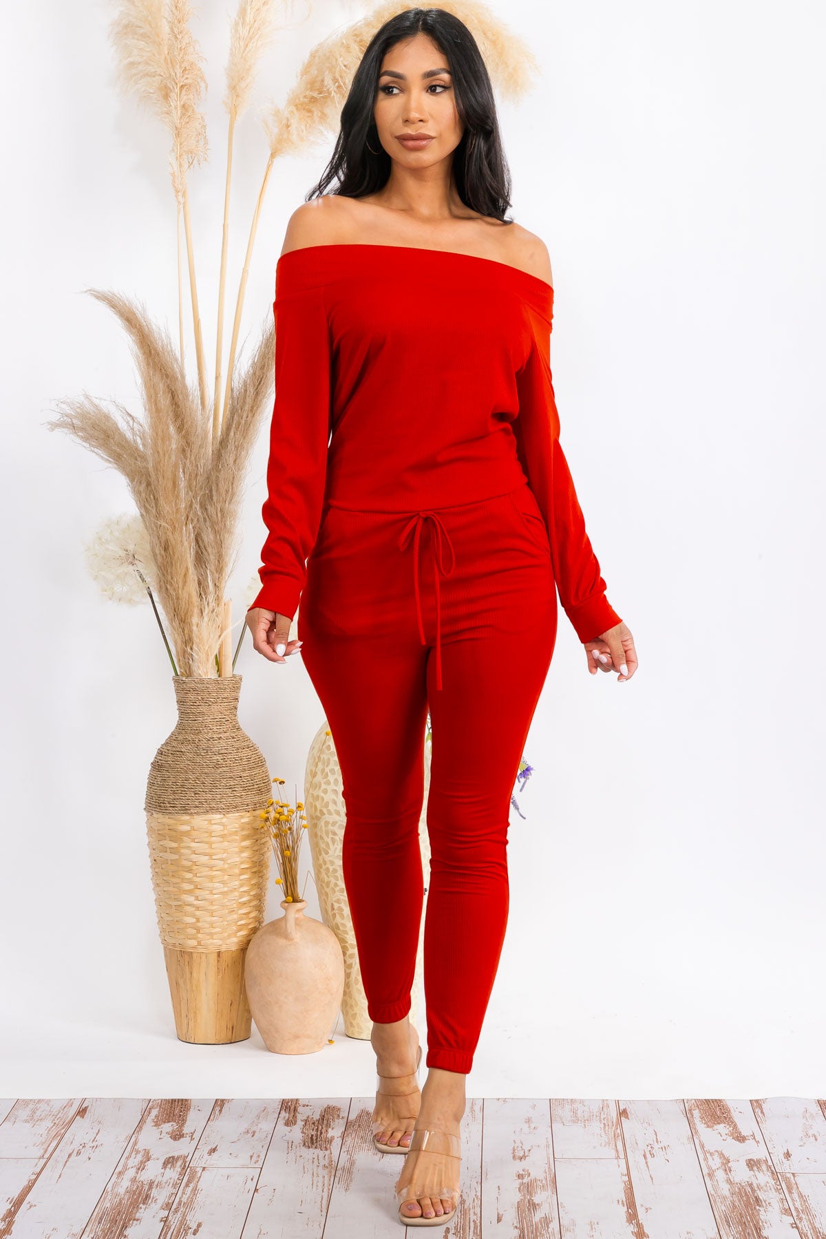 HH620R-SOLID - OFF SHOULDER JUMPSUIT