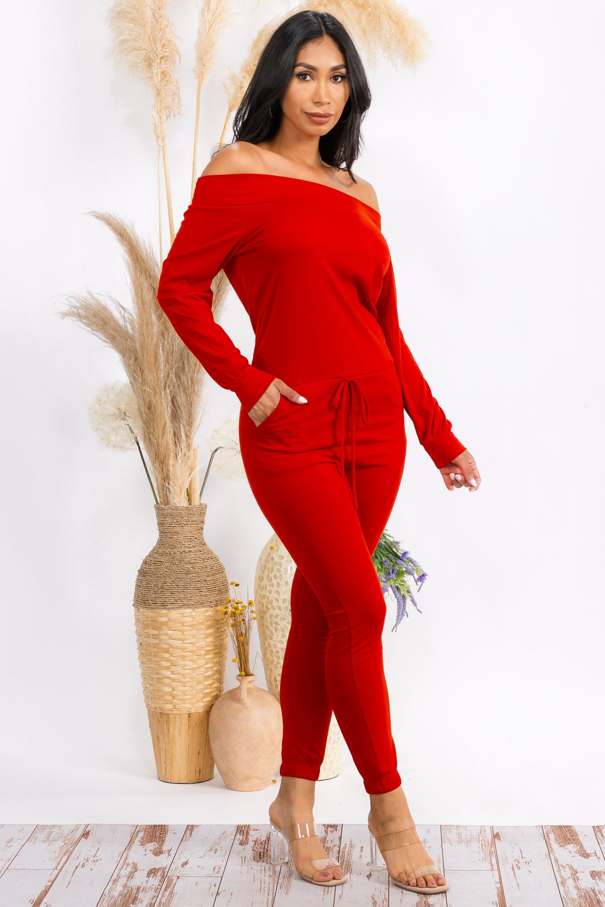 HH620X-SOLID - OFF SHOULDER JUMPSUIT