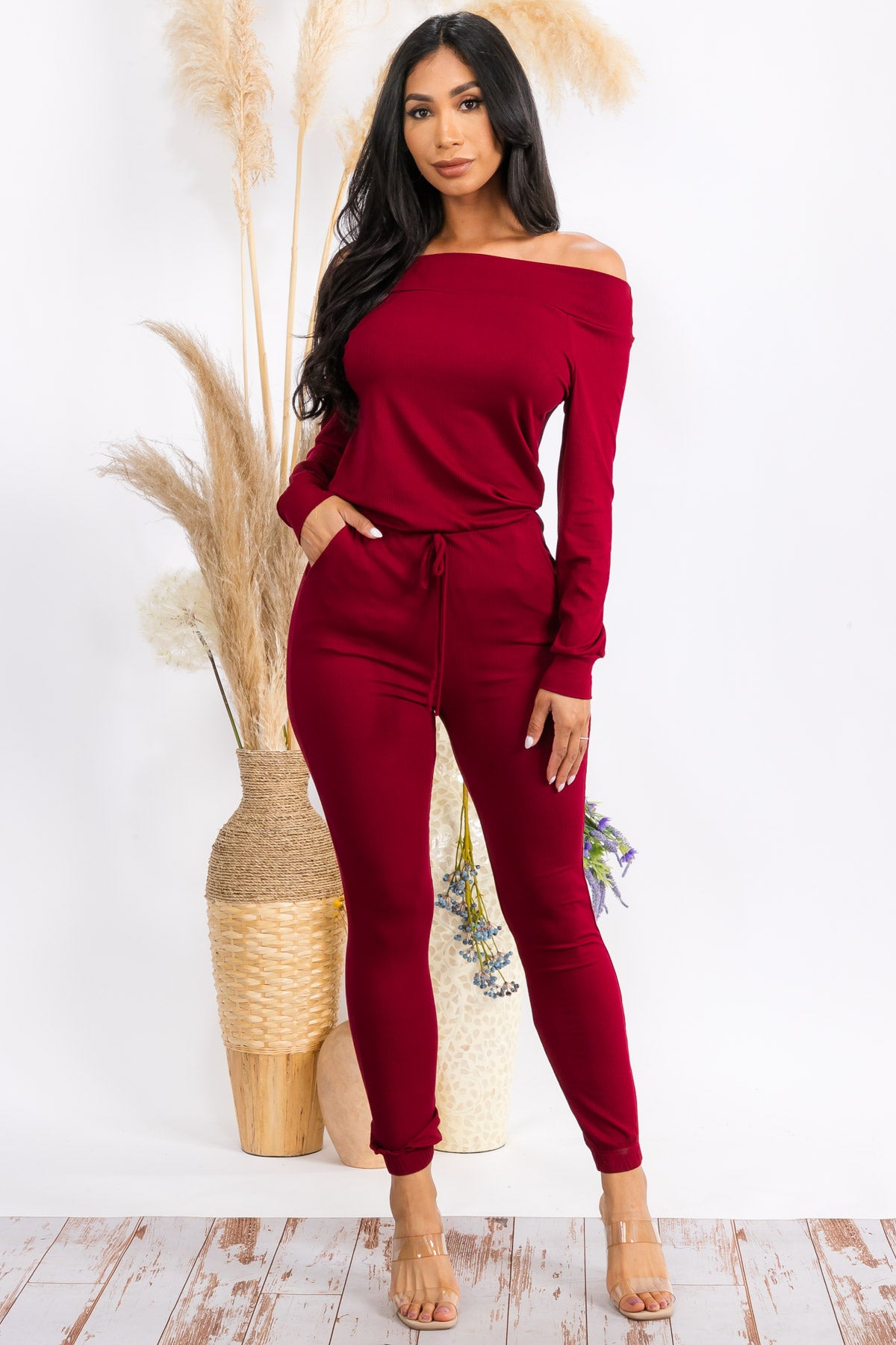 HH620R-SOLID - OFF SHOULDER JUMPSUIT