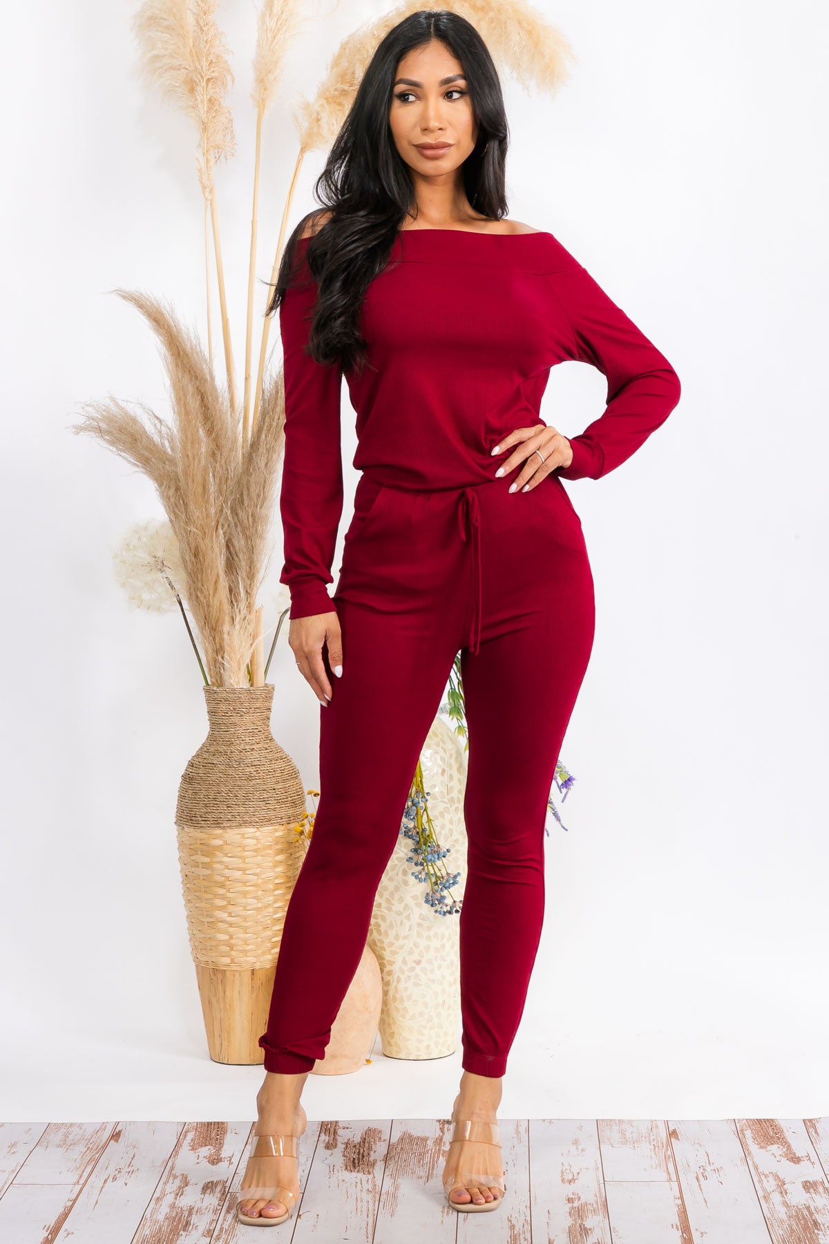 HH620R-SOLID - OFF SHOULDER JUMPSUIT