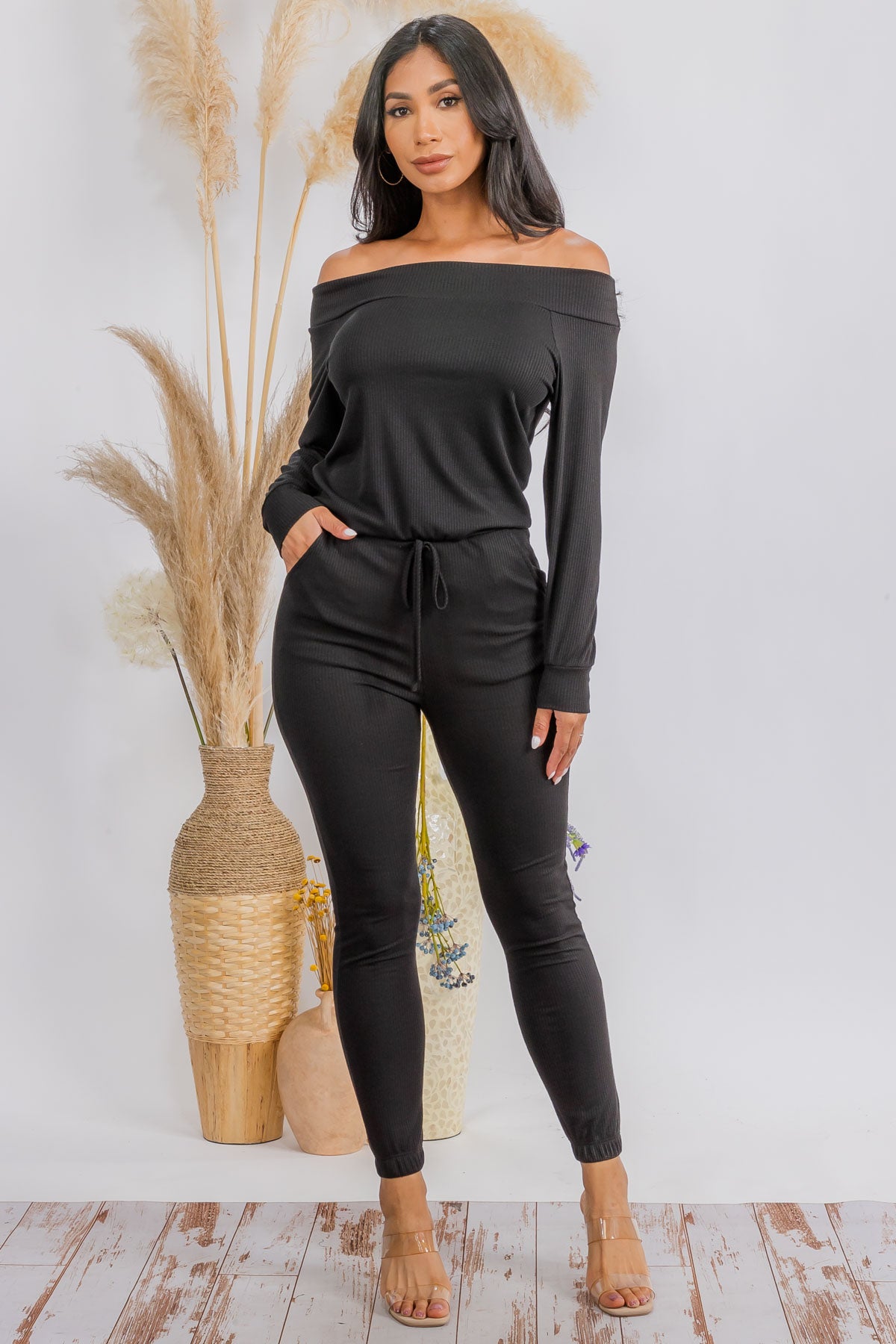 HH620R-SOLID - OFF SHOULDER JUMPSUIT