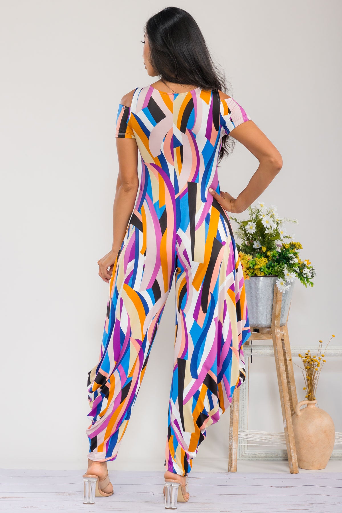 HH765R-RIBBON - Cold Shoulder Front Zipper Jumpsuit