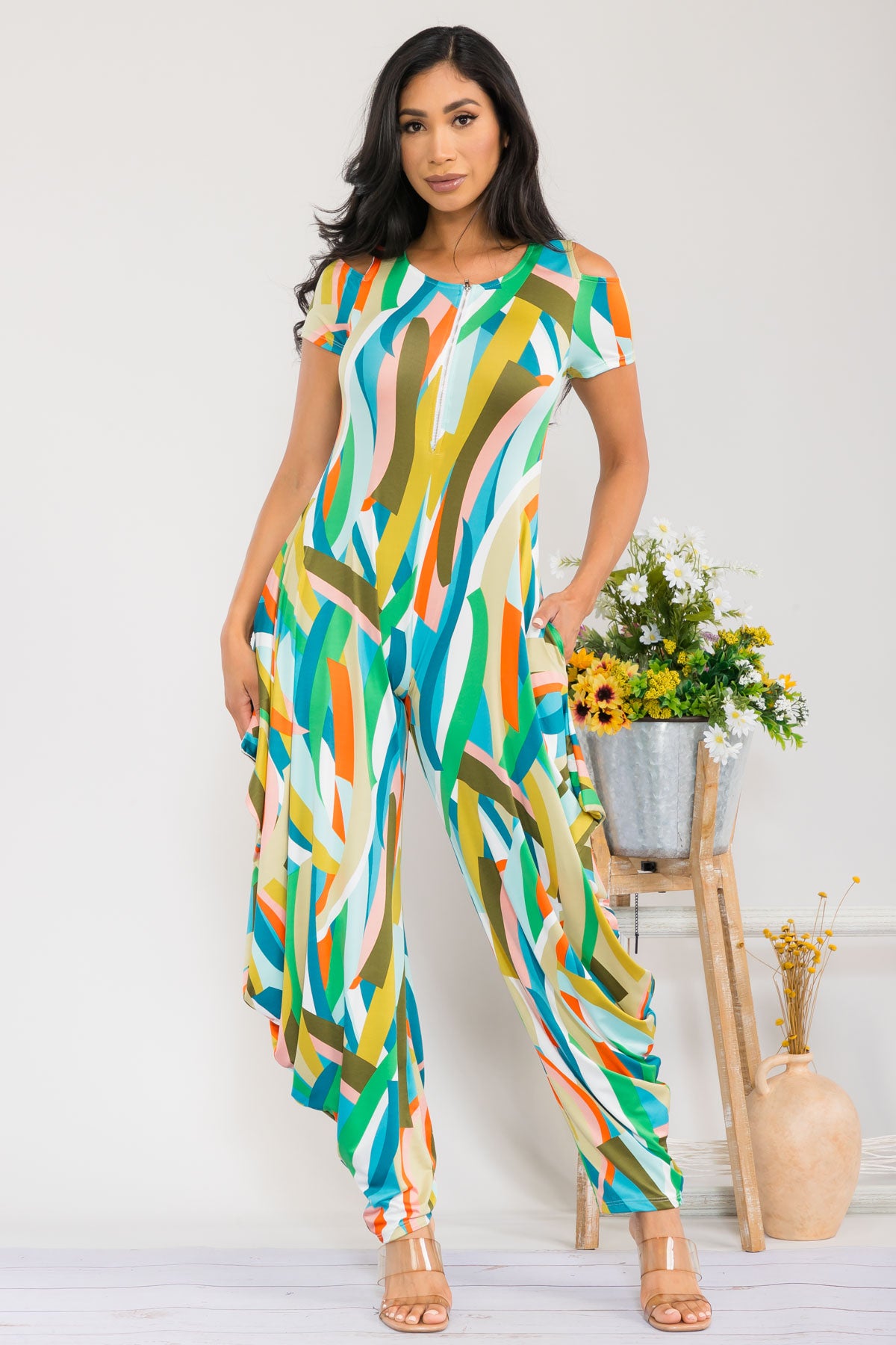 HH765R-RIBBON - Cold Shoulder Front Zipper Jumpsuit