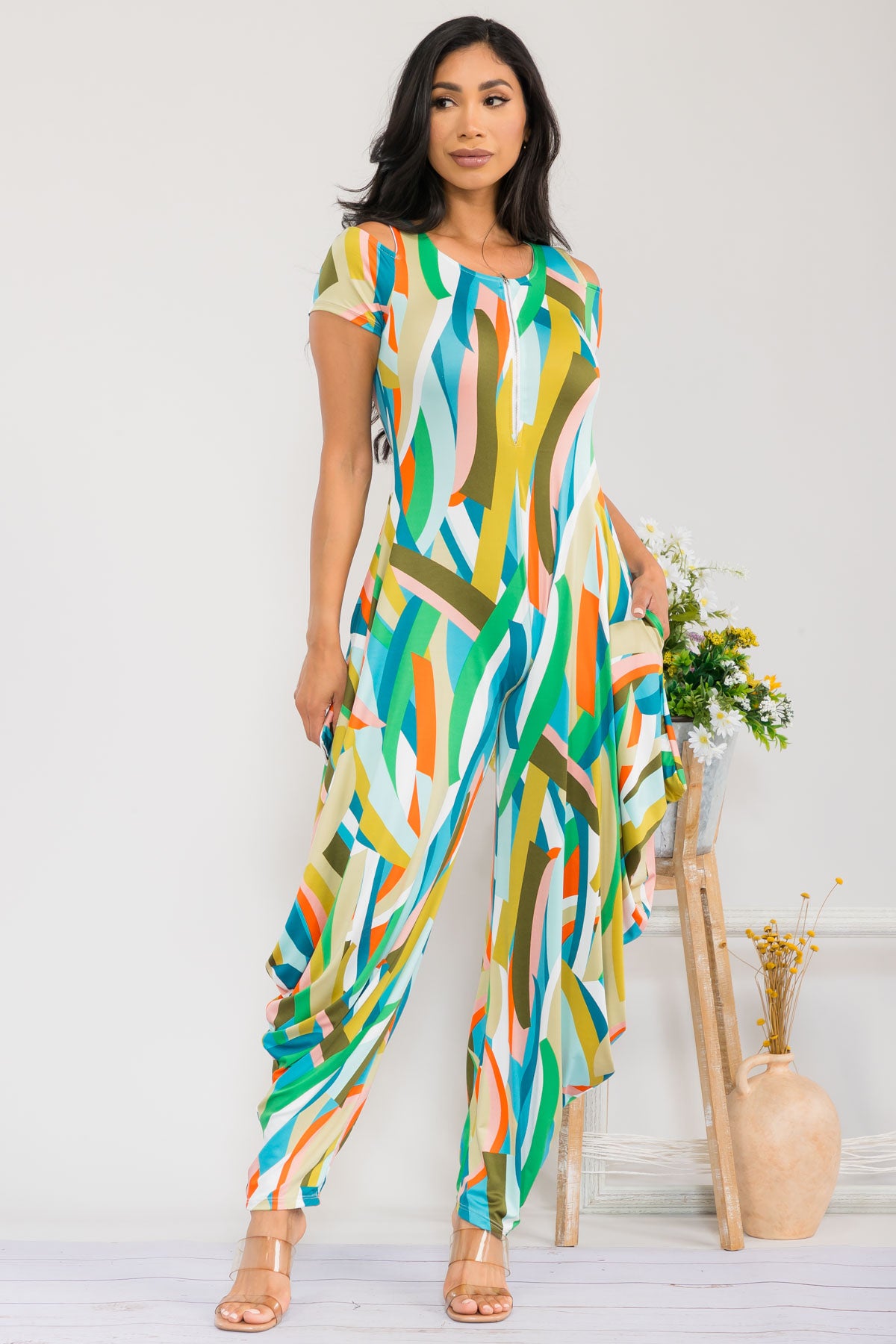 HH765X-RIBBON - Cold Shoulder Front Zipper Jumpsuit