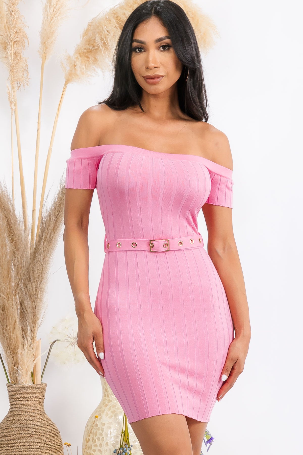 23238 - Off Shoulder Mini Dress with Belt