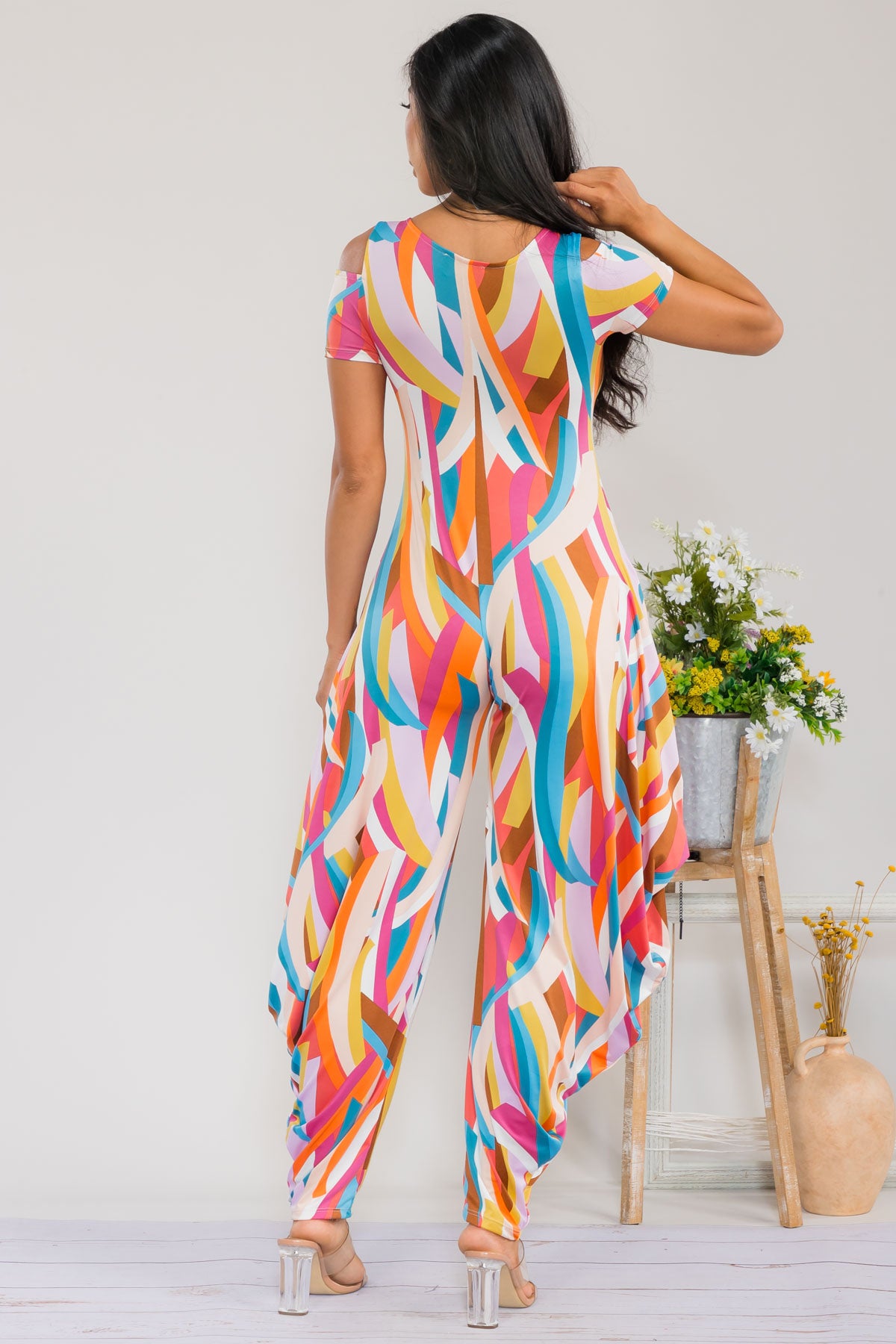 HH765X-RIBBON - Cold Shoulder Front Zipper Jumpsuit