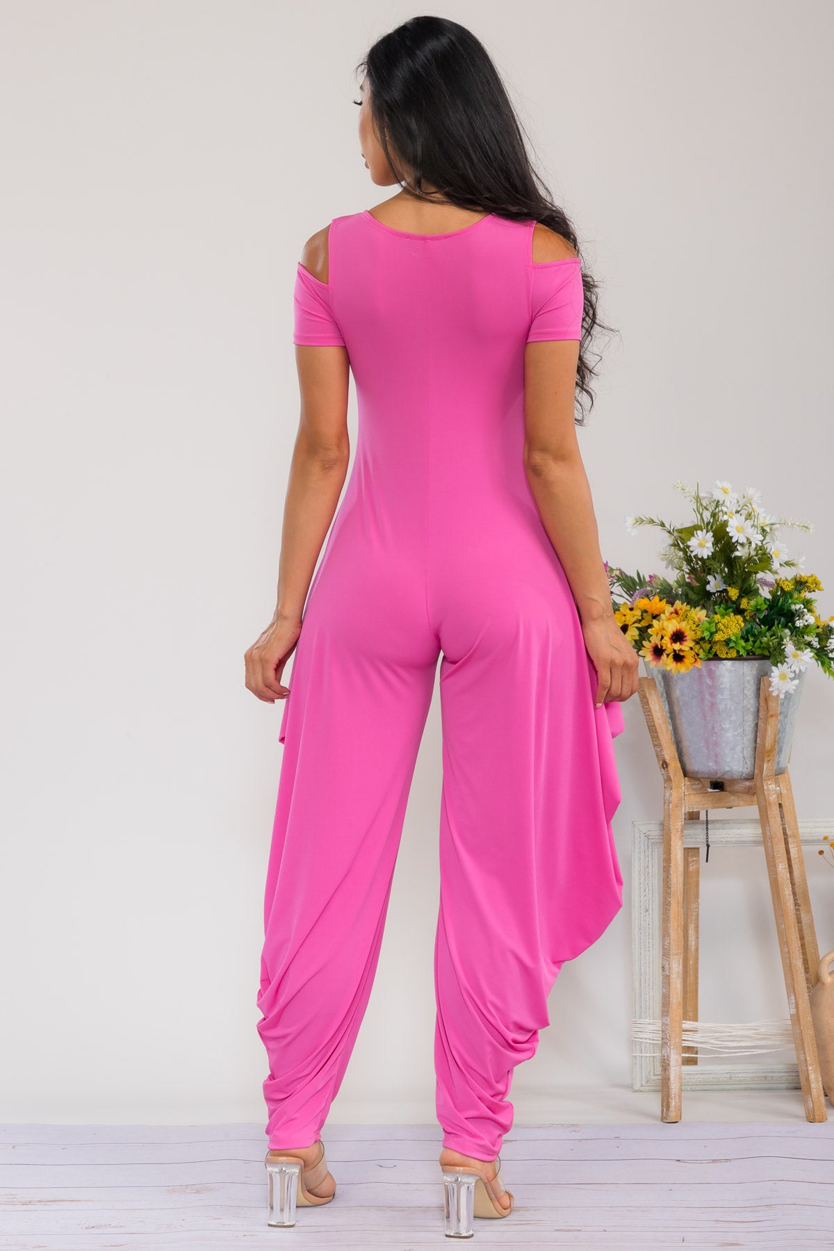 HH765R-S - COLD SHOULDER FRONT ZIPPER  JUMPSUIT