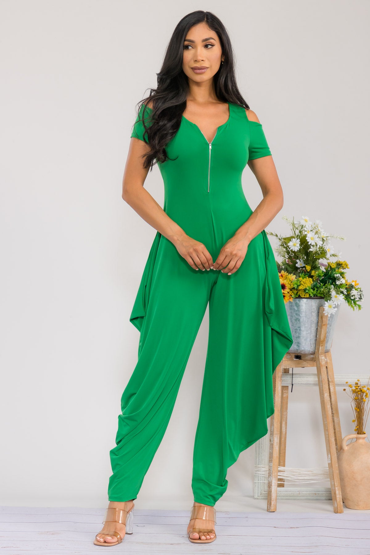 HH765R-S - COLD SHOULDER FRONT ZIPPER  JUMPSUIT