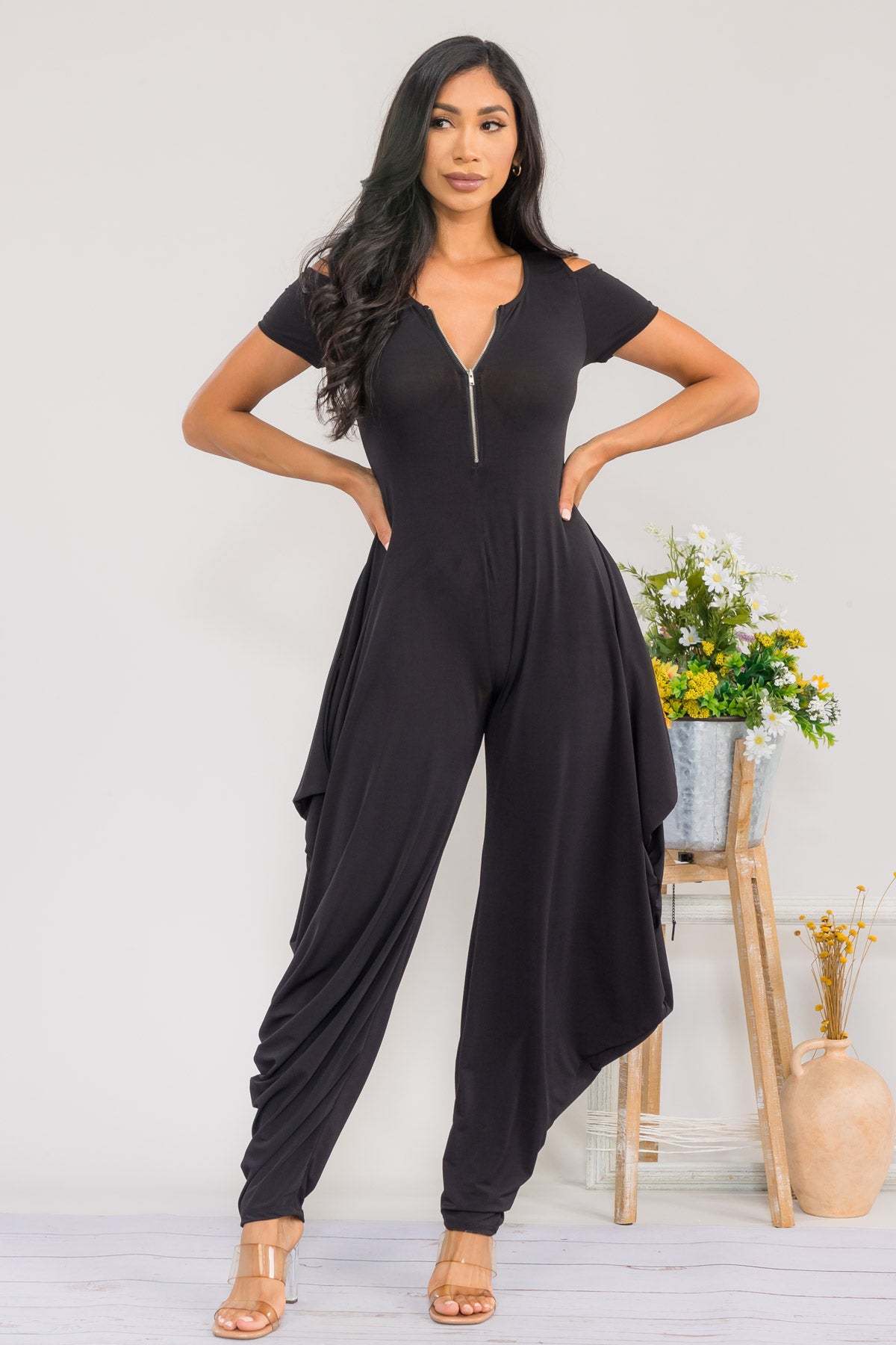 HH765R-S - COLD SHOULDER FRONT ZIPPER  JUMPSUIT