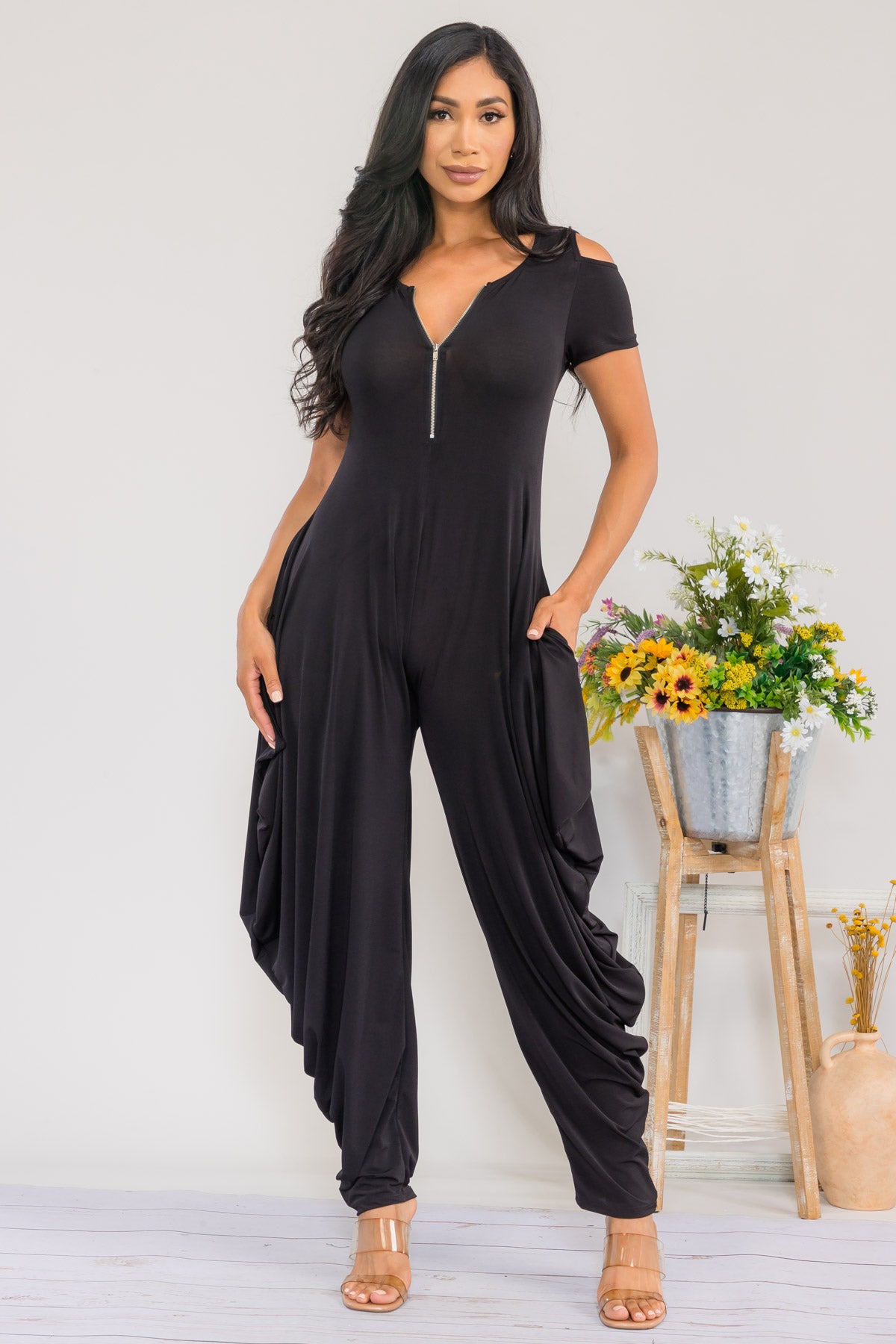 HH765R-S - COLD SHOULDER FRONT ZIPPER  JUMPSUIT