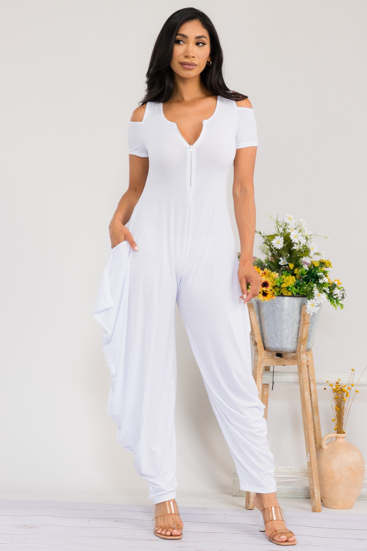 HH765R-S - COLD SHOULDER FRONT ZIPPER  JUMPSUIT