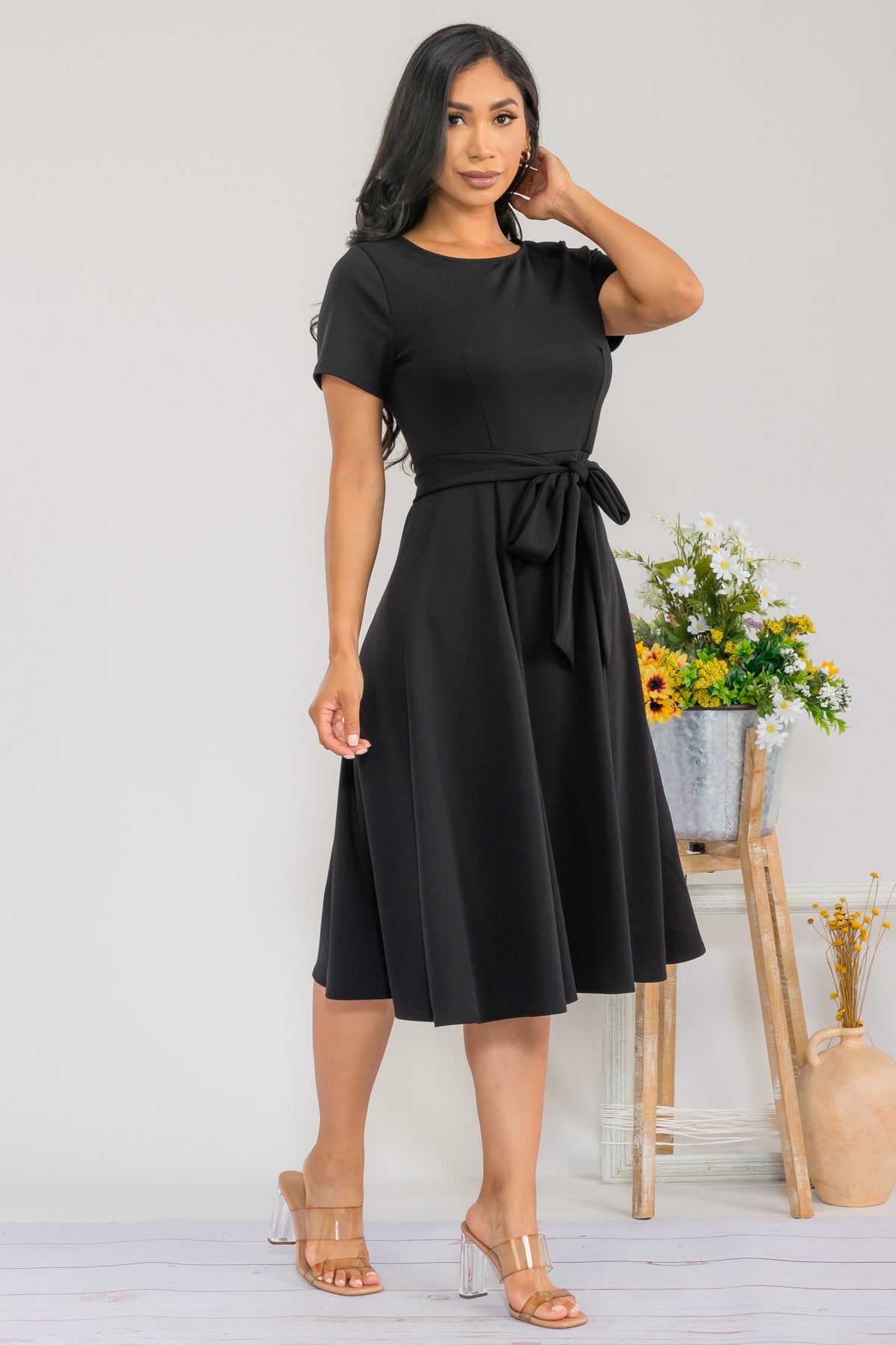 HH726R-SLCAP - SELF TIE CAP SLEEVE DRESS