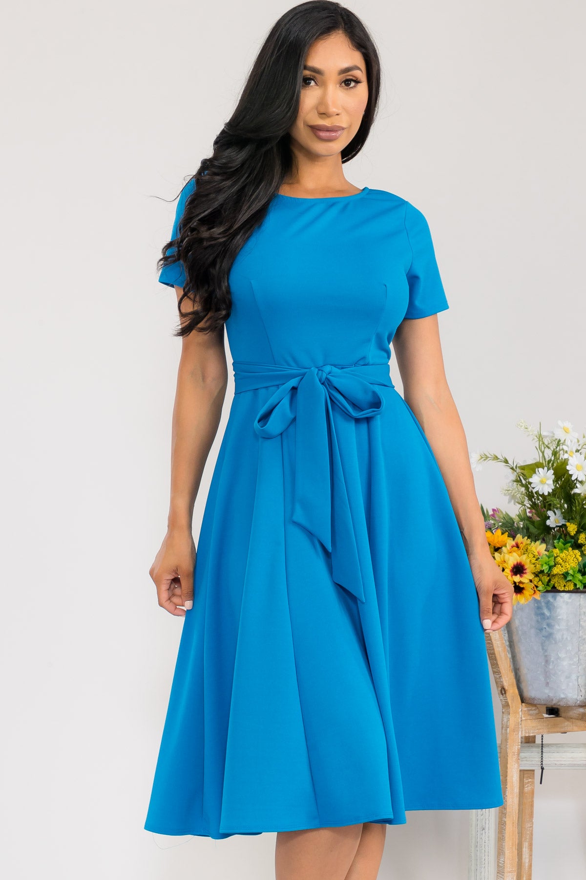 HH726R-SLCAP - SELF TIE CAP SLEEVE DRESS