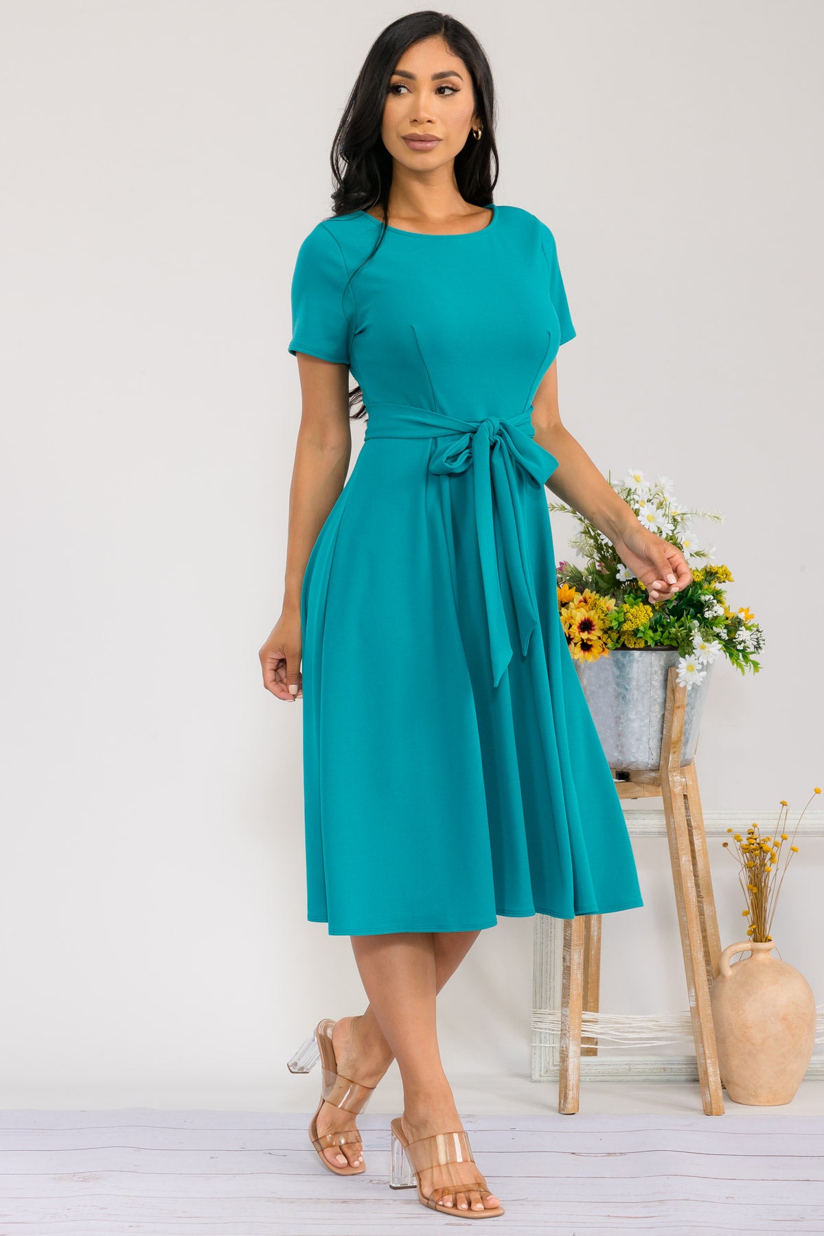 HH726R-SLCAP - SELF TIE CAP SLEEVE DRESS