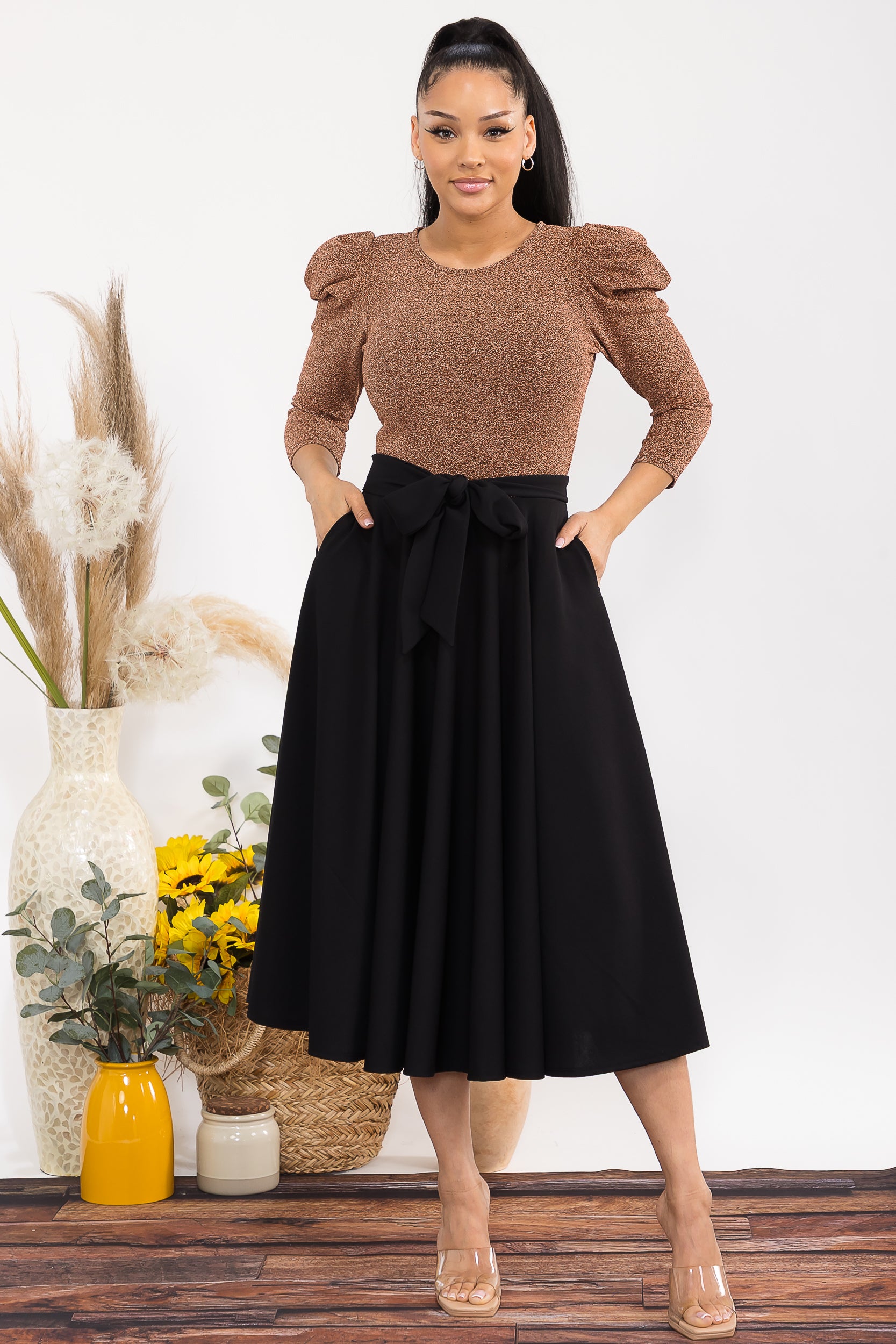 HH698C-P 3/4 SLEEVE MAXI DRESS