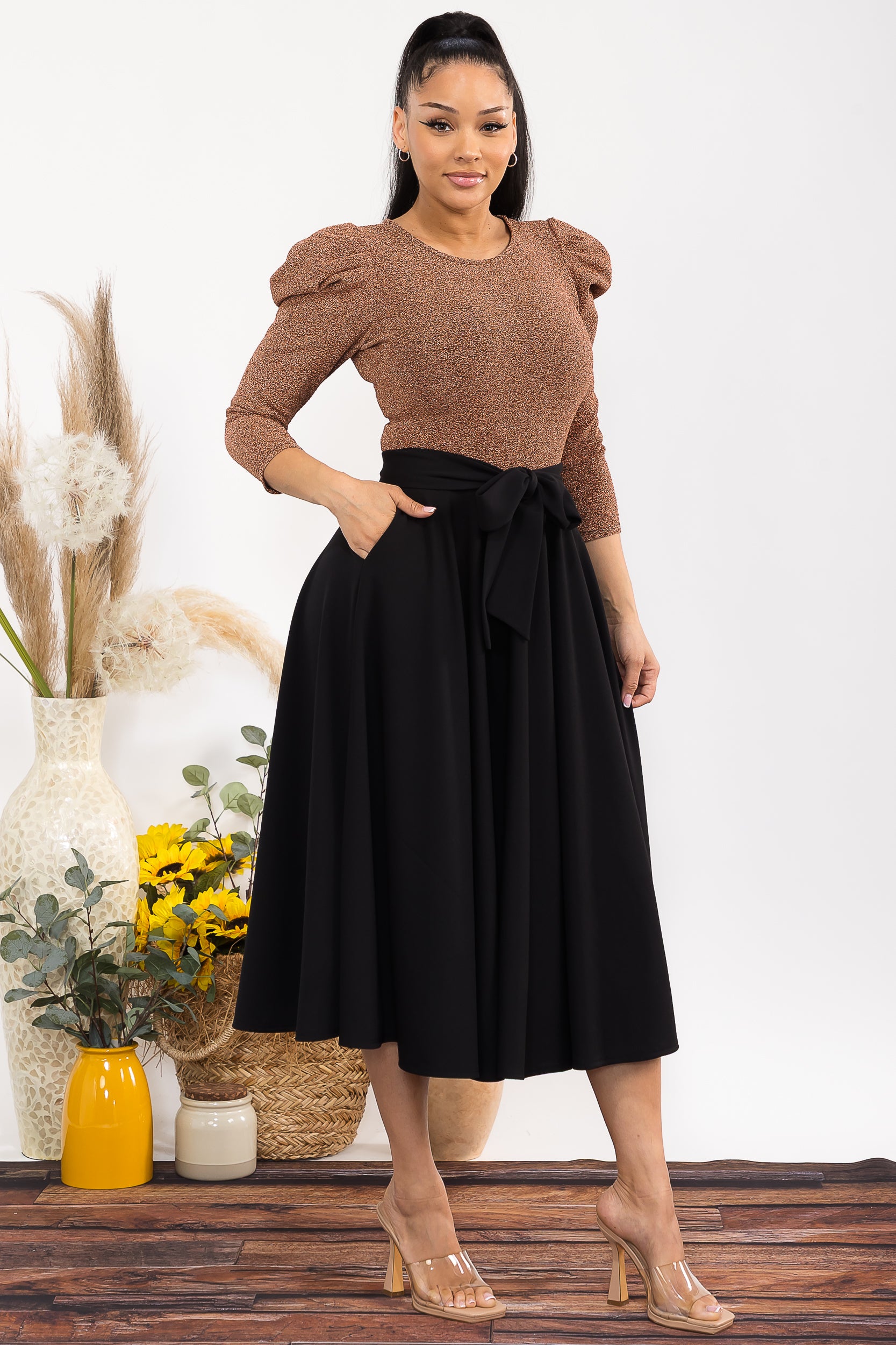 HH698C-P 3/4 SLEEVE MAXI DRESS