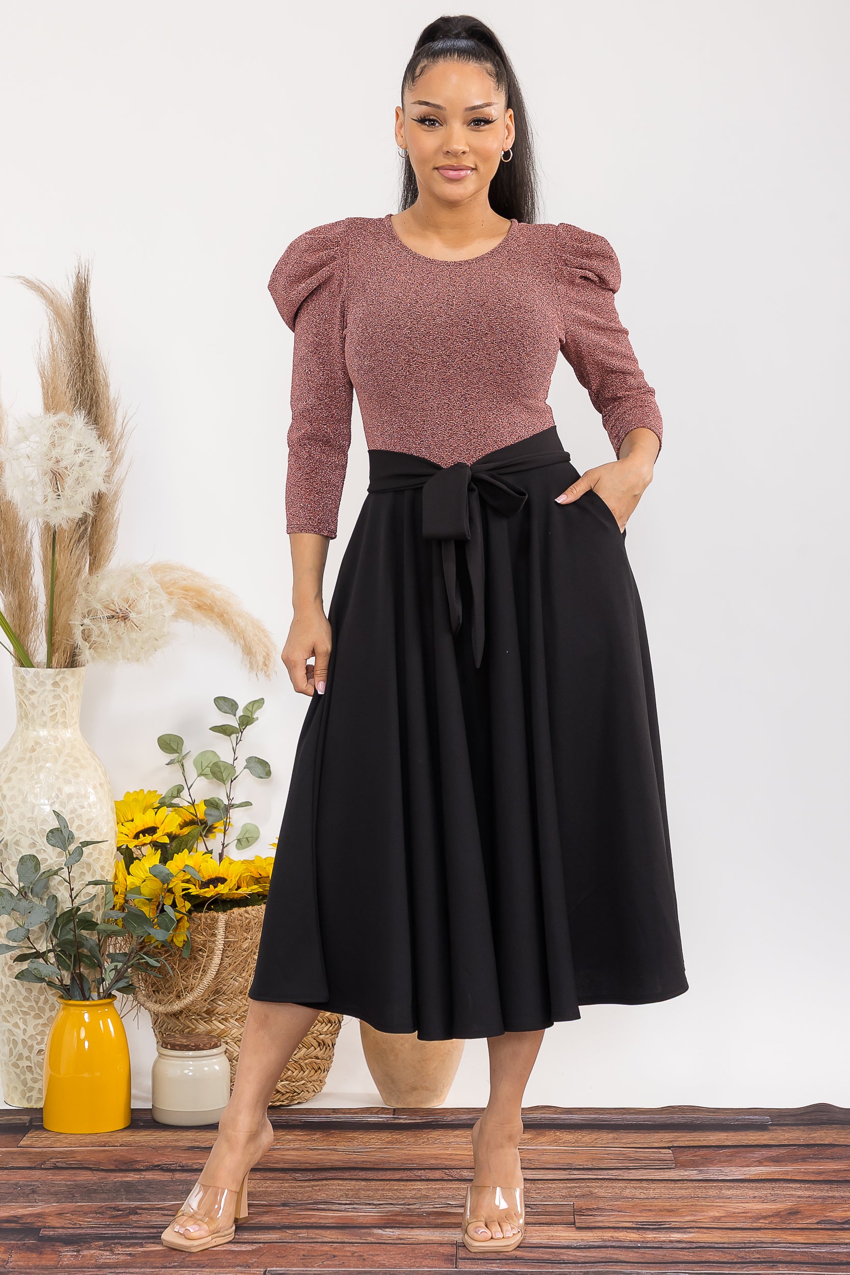 HH698C-P 3/4 SLEEVE MAXI DRESS