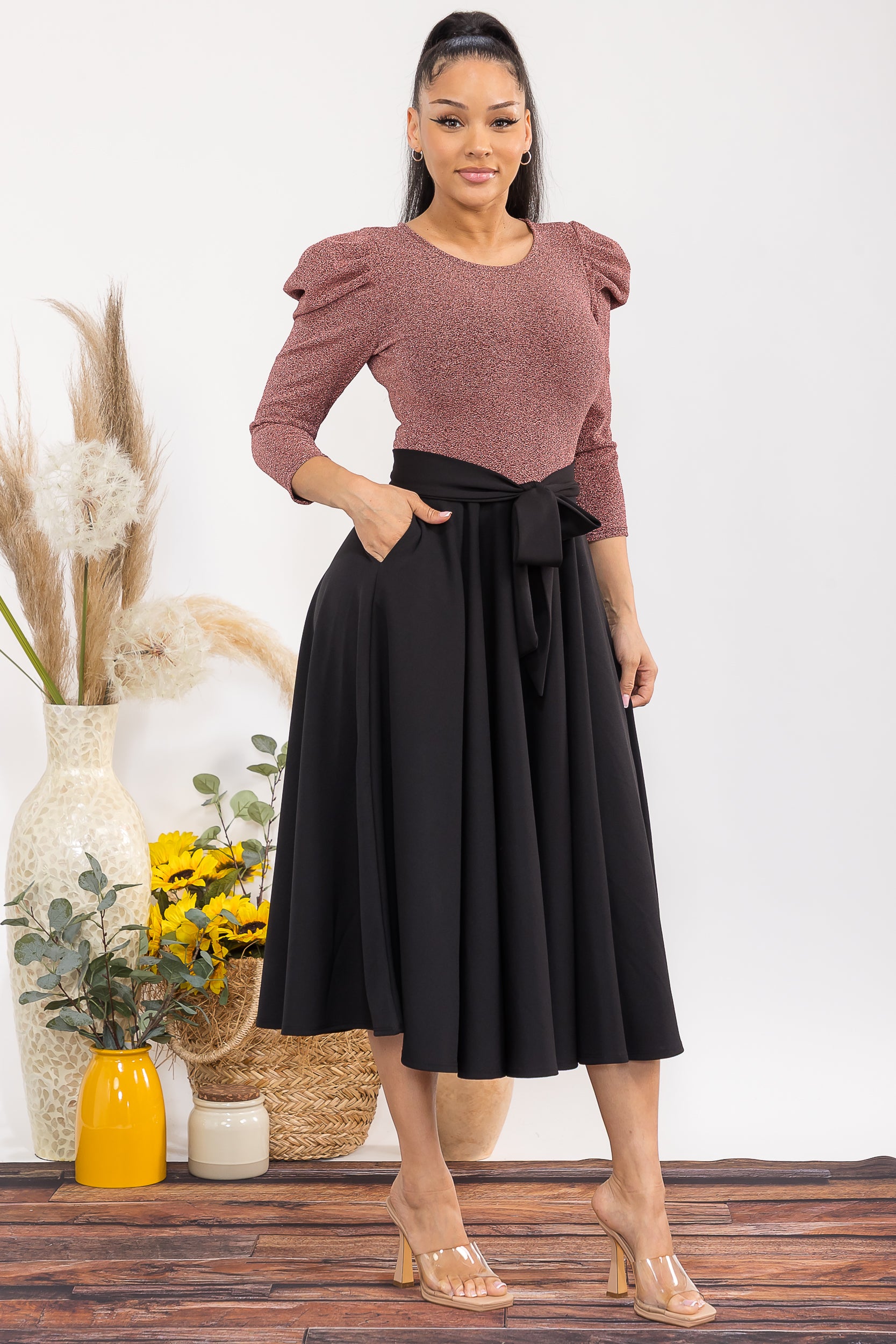 HH698C-P 3/4 SLEEVE MAXI DRESS