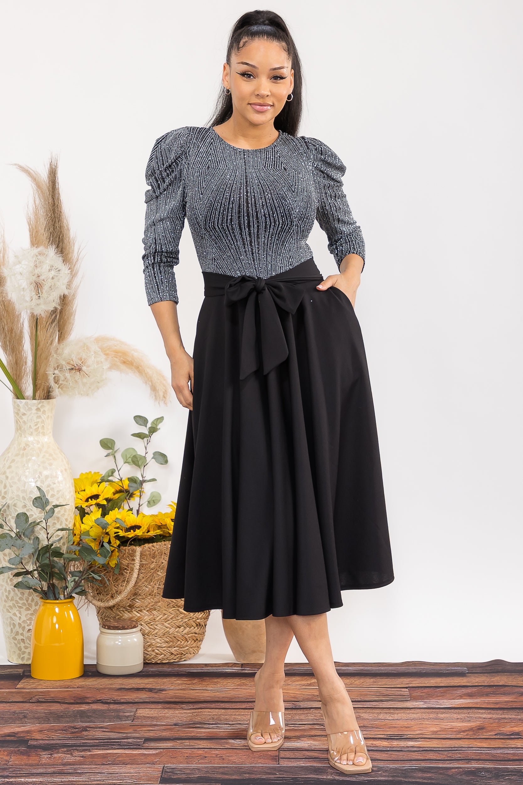 HH698C1-P 3/4 SLEEVE MAXI DRESS