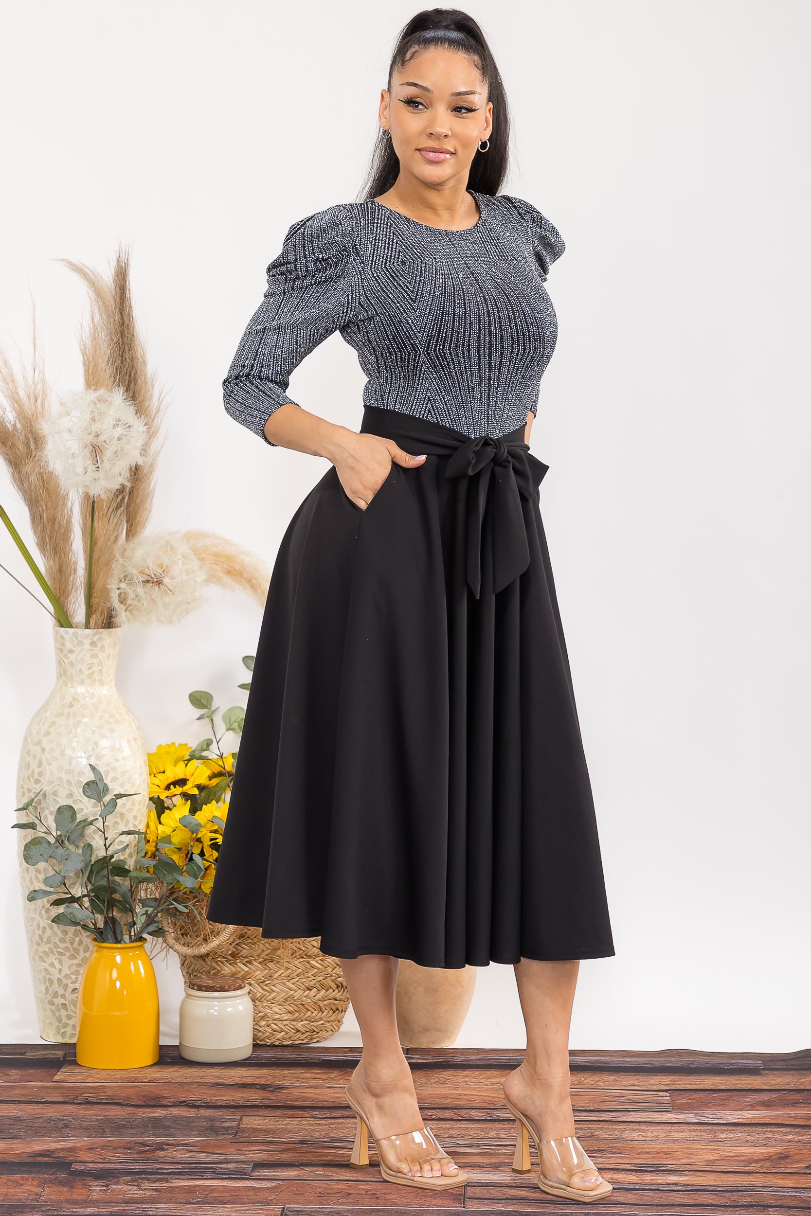 HH698C1-P 3/4 SLEEVE MAXI DRESS