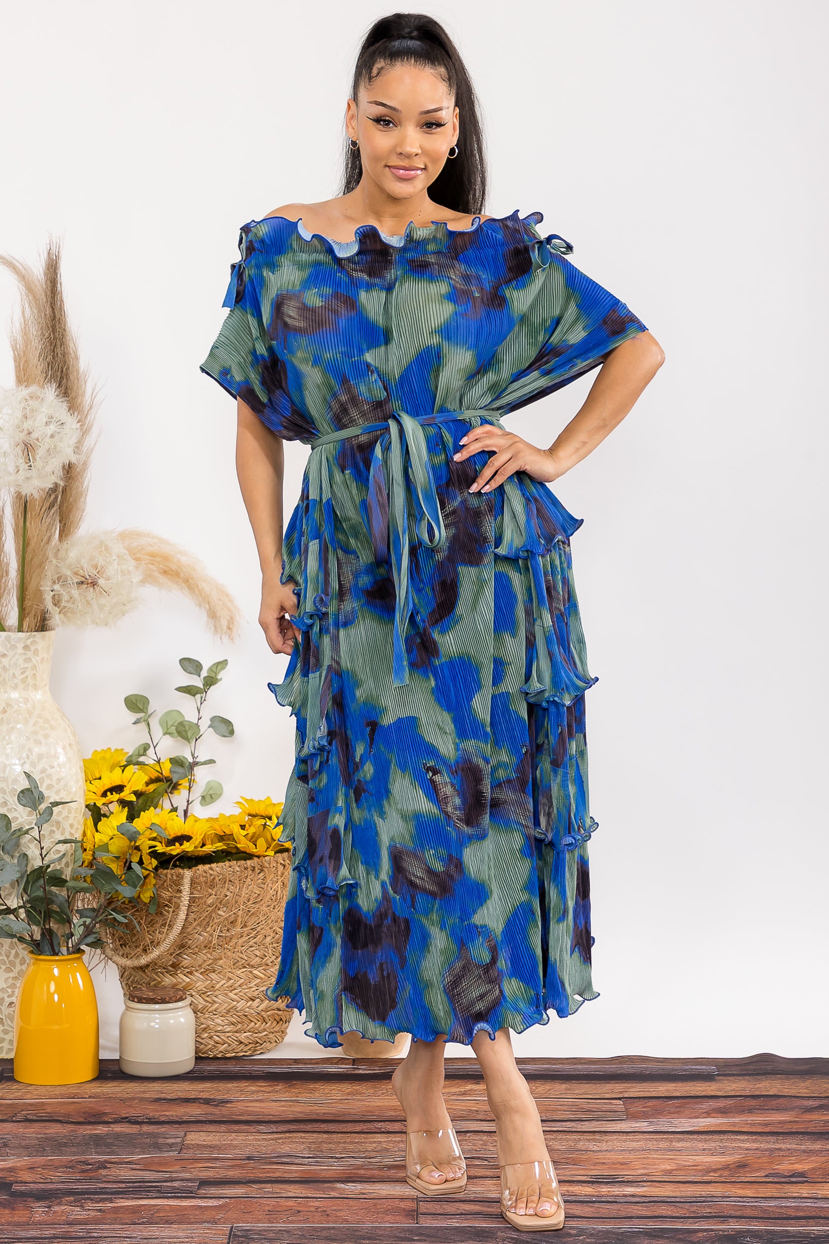 25327 Pleated Tiered Ruffle Maxi Dress