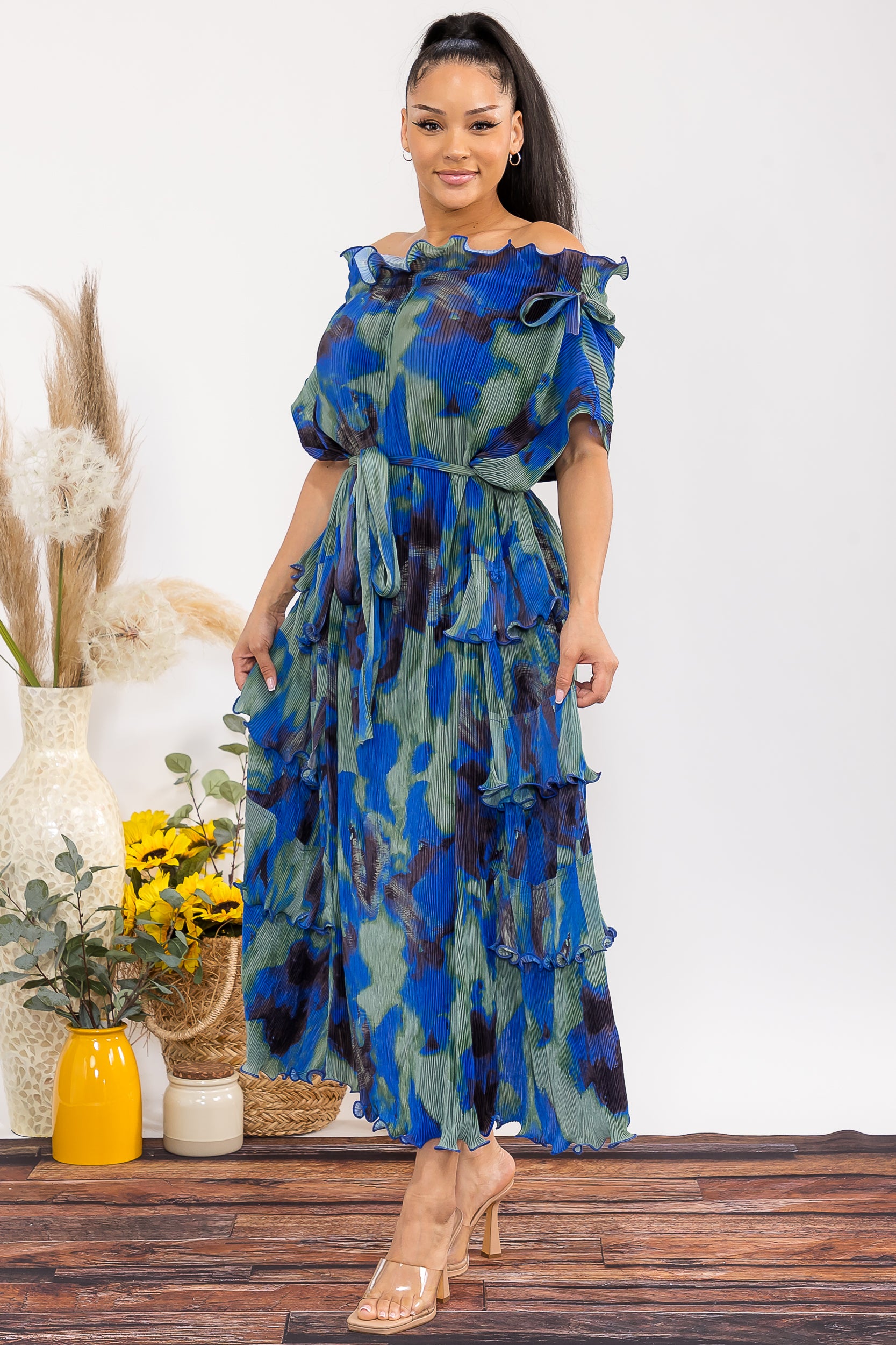 25327 Pleated Tiered Ruffle Maxi Dress