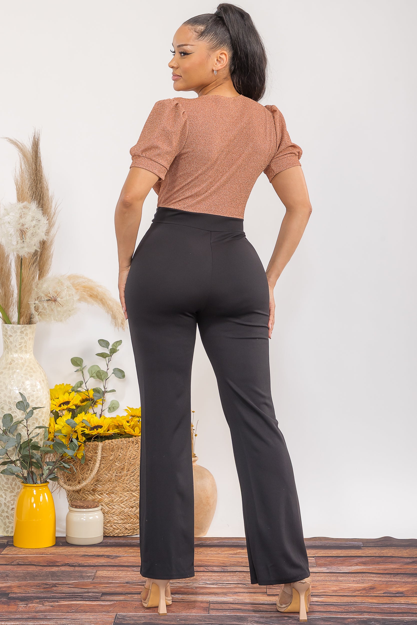 HH739-C-X Plus Size Elegant V Puff Sleeve Wide-Leg Jumpsuit