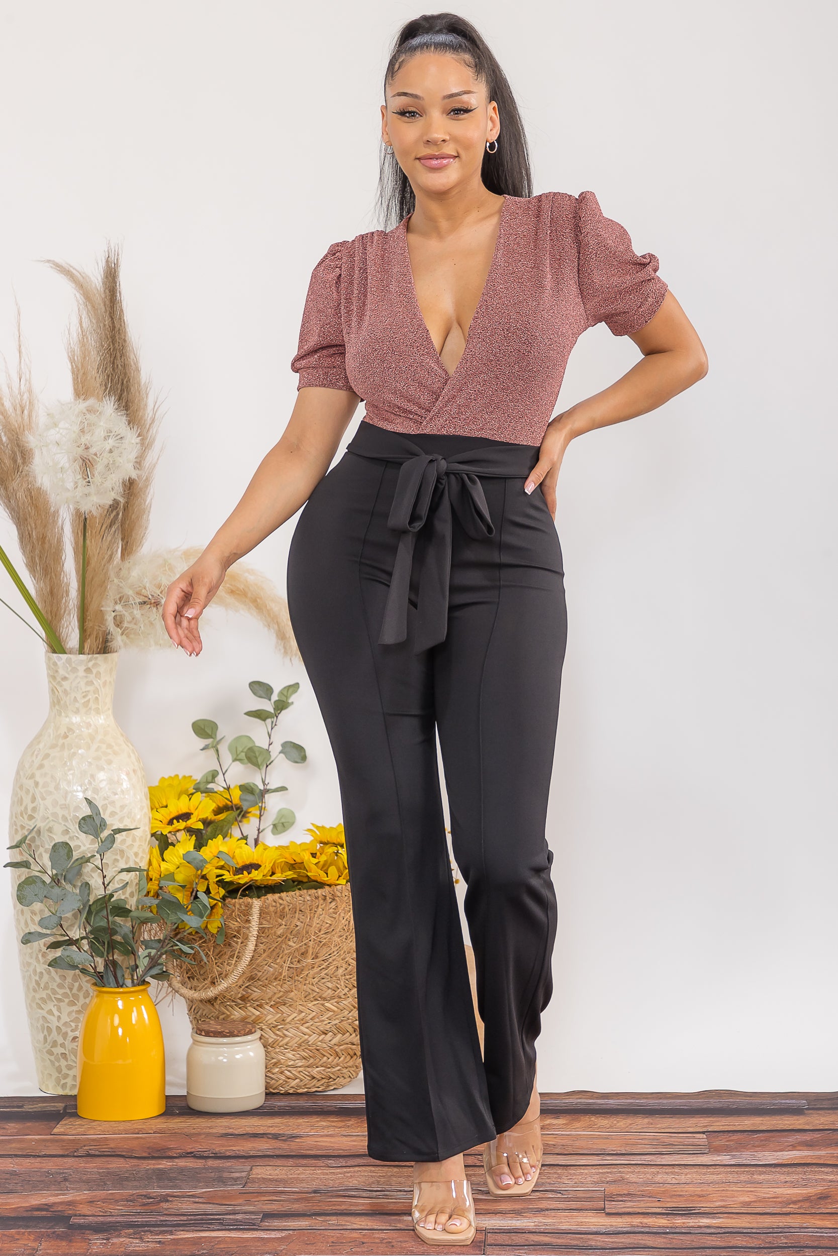 HH739-C Elegant Deep-V Puff Sleeve Wide-Leg Jumpsuit