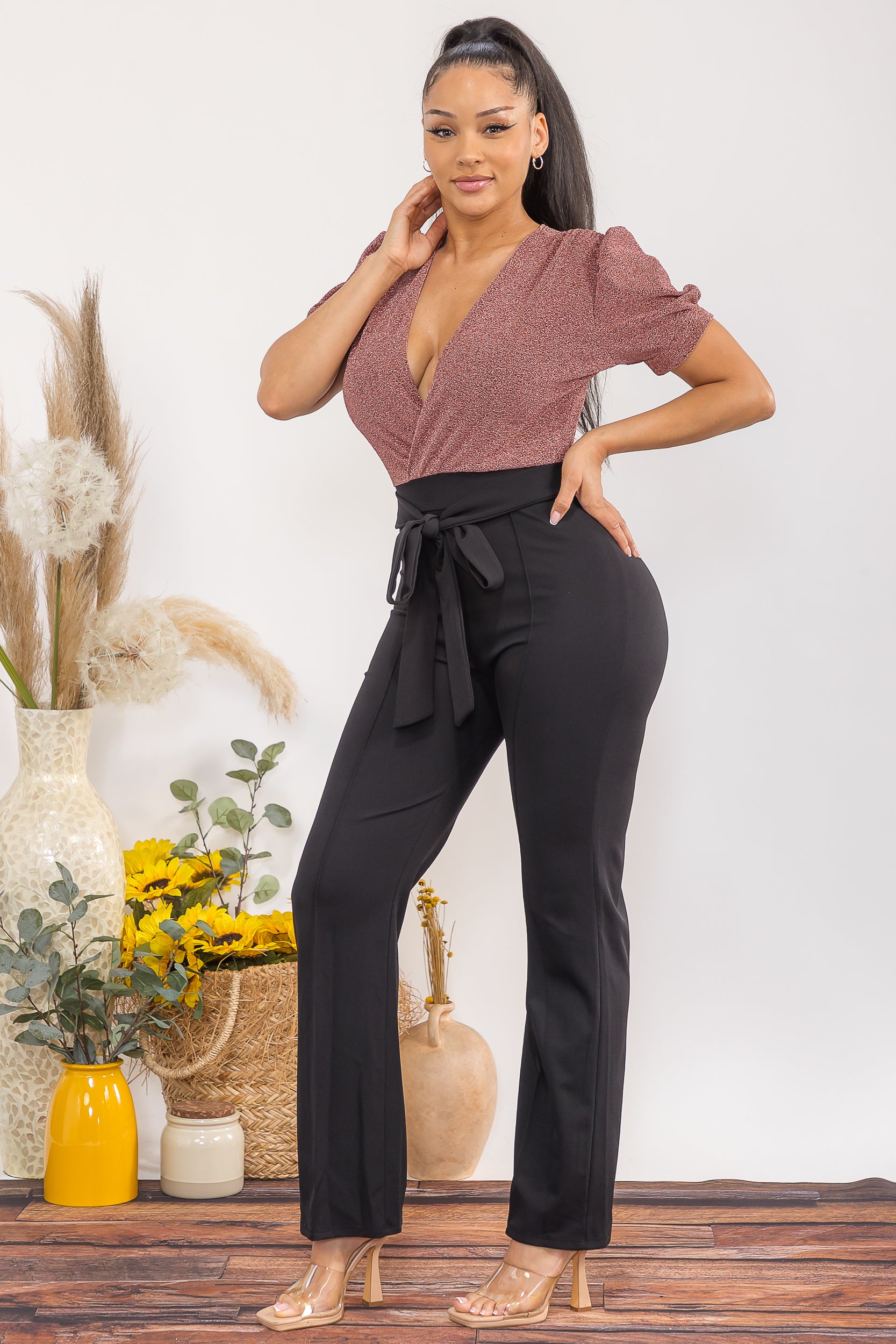 HH739-C-X Plus Size Elegant V Puff Sleeve Wide-Leg Jumpsuit