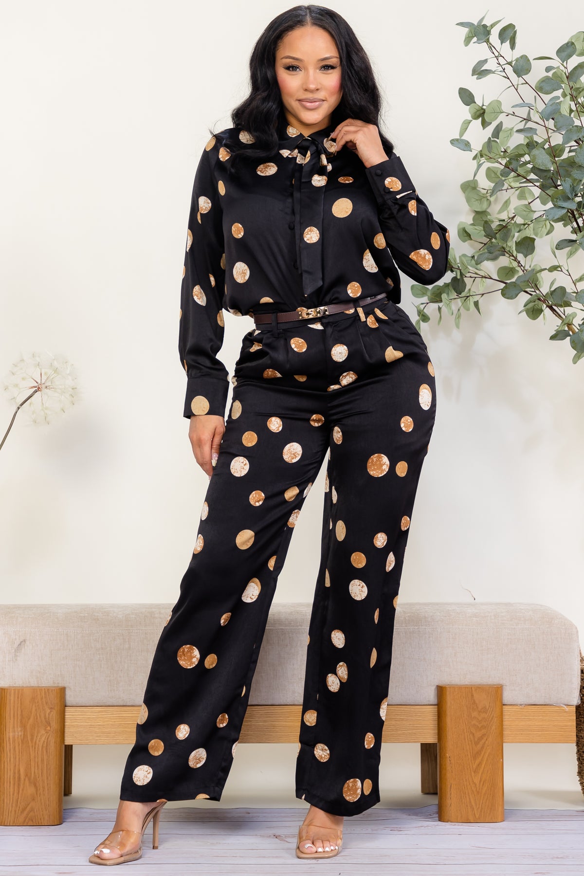 ZBS140-X - Plus Size Polka Dot Tie-Neck Pant Set
