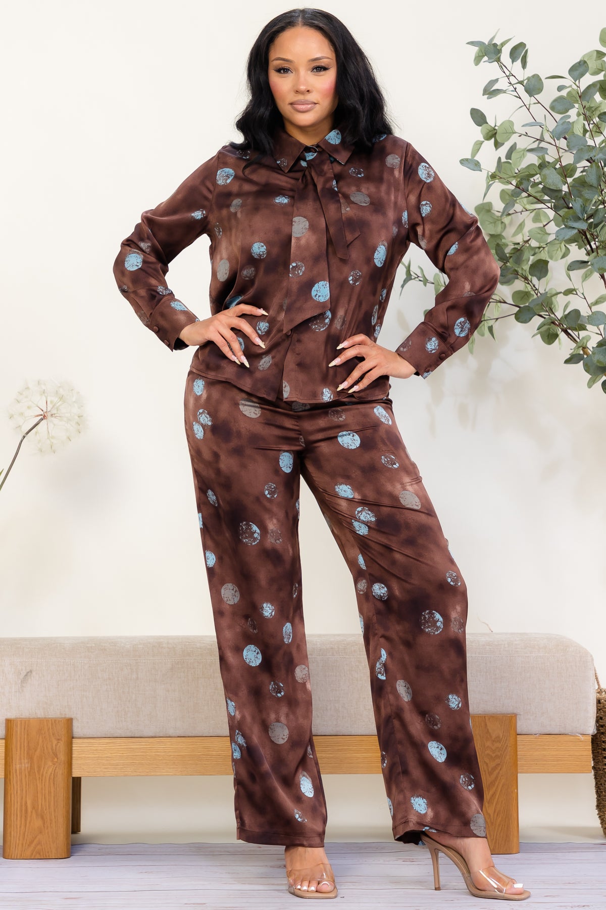 ZBS140-R - Polka Dot Tie-Neck Pant Set
