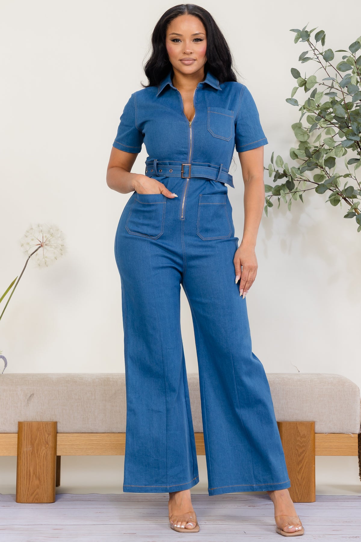 ZBJ136 - Short Sleeve Denim Jumpsuit