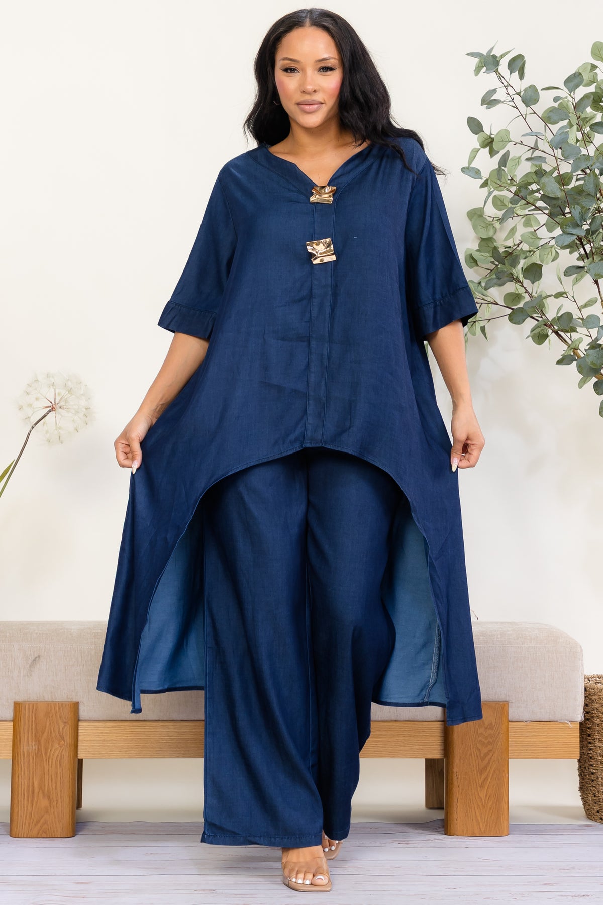 SS616-X - Plus Size Gold Accent High-Low Denim Two-Piece Set