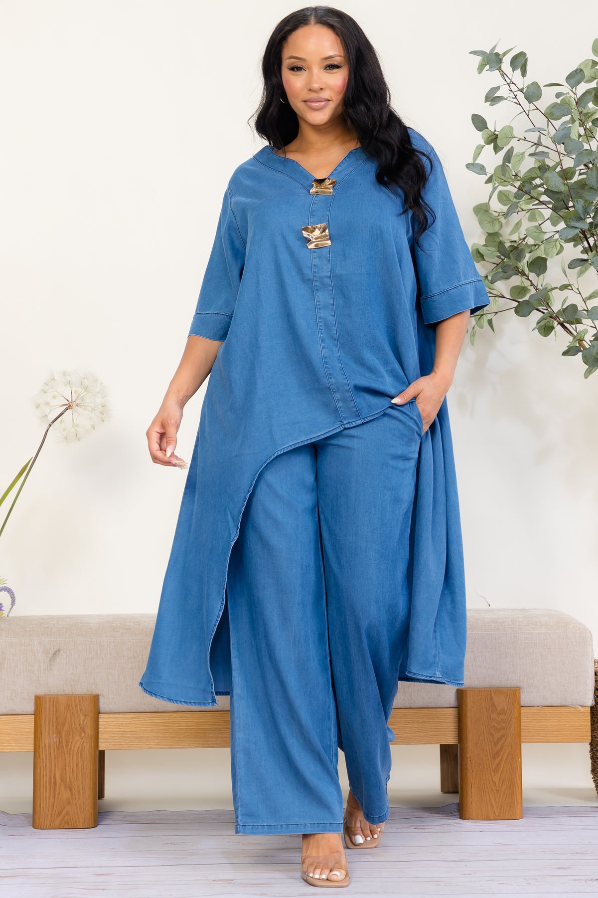 SS616-R - Gold Accent High-Low Denim Two-Piece Set