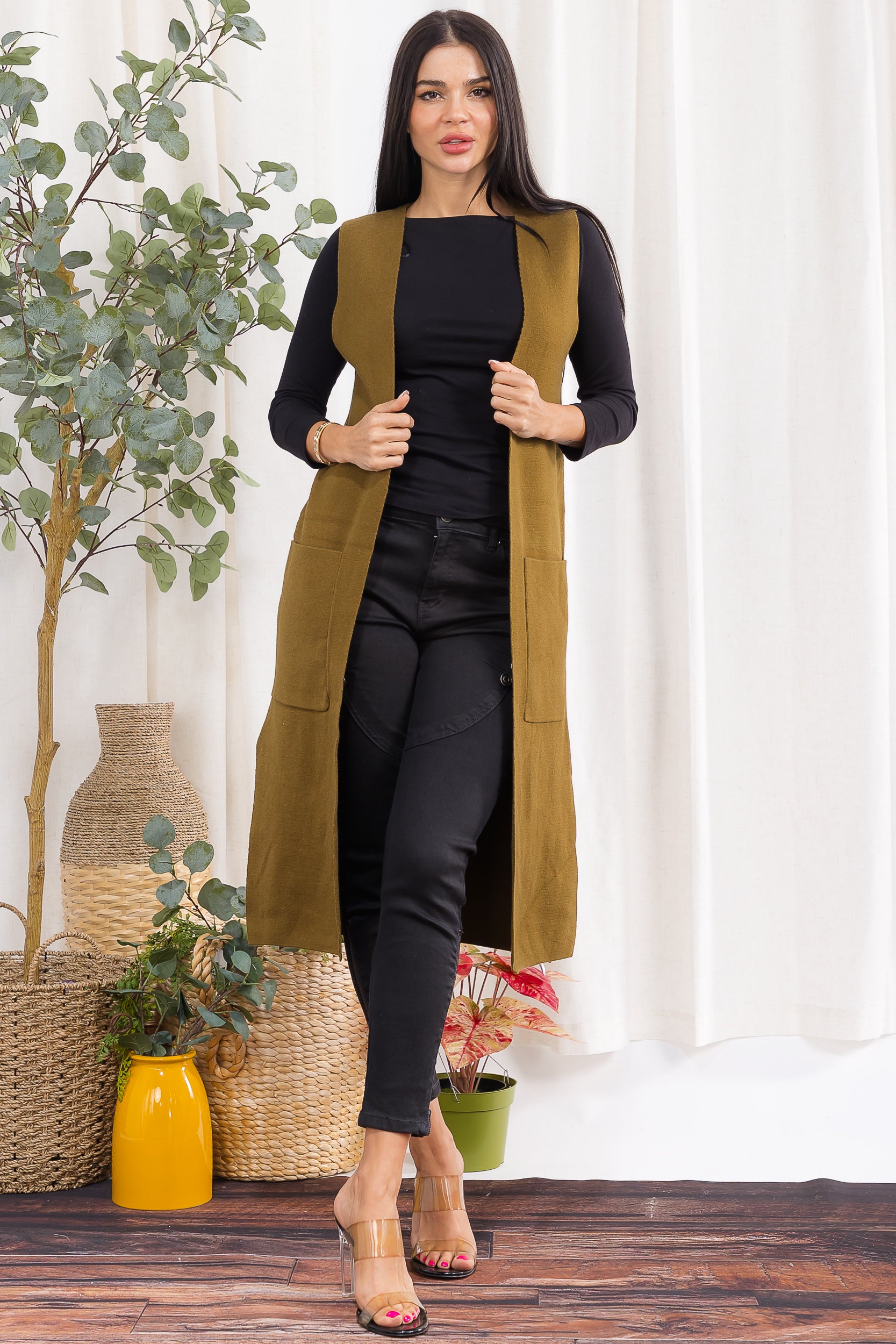 407-2 Open-Front Longline Sleeveless Cardigan