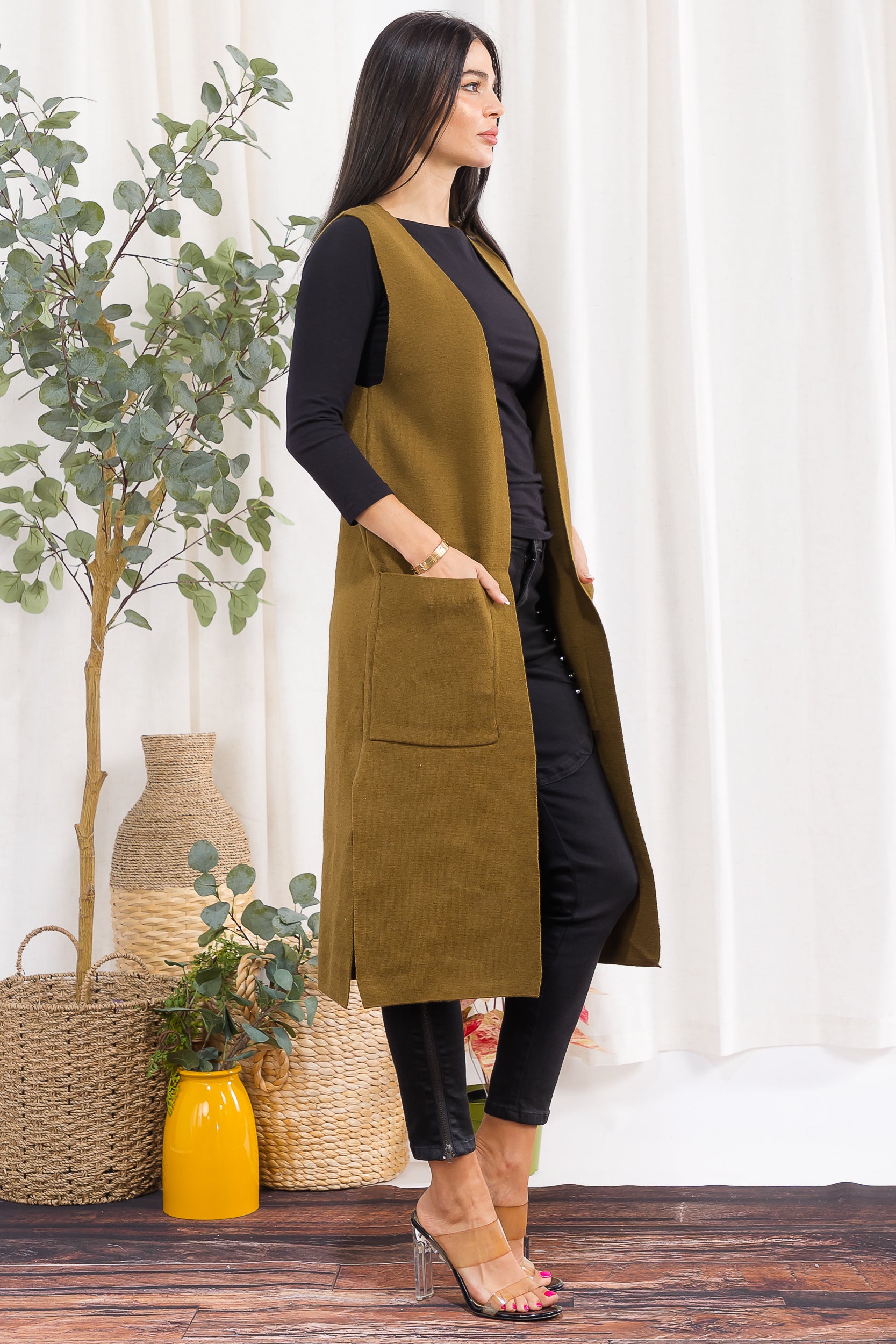 407-2 Open-Front Longline Sleeveless Cardigan