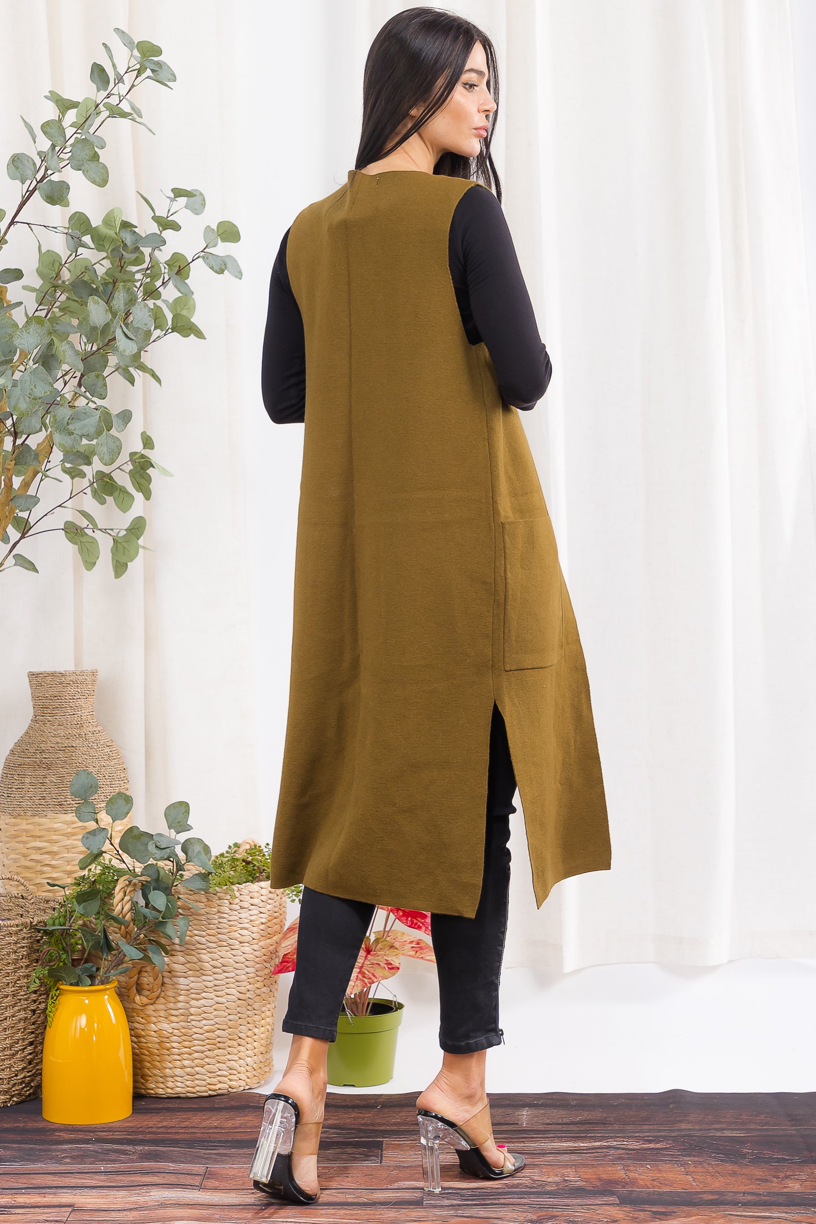 407-2 Open-Front Longline Sleeveless Cardigan