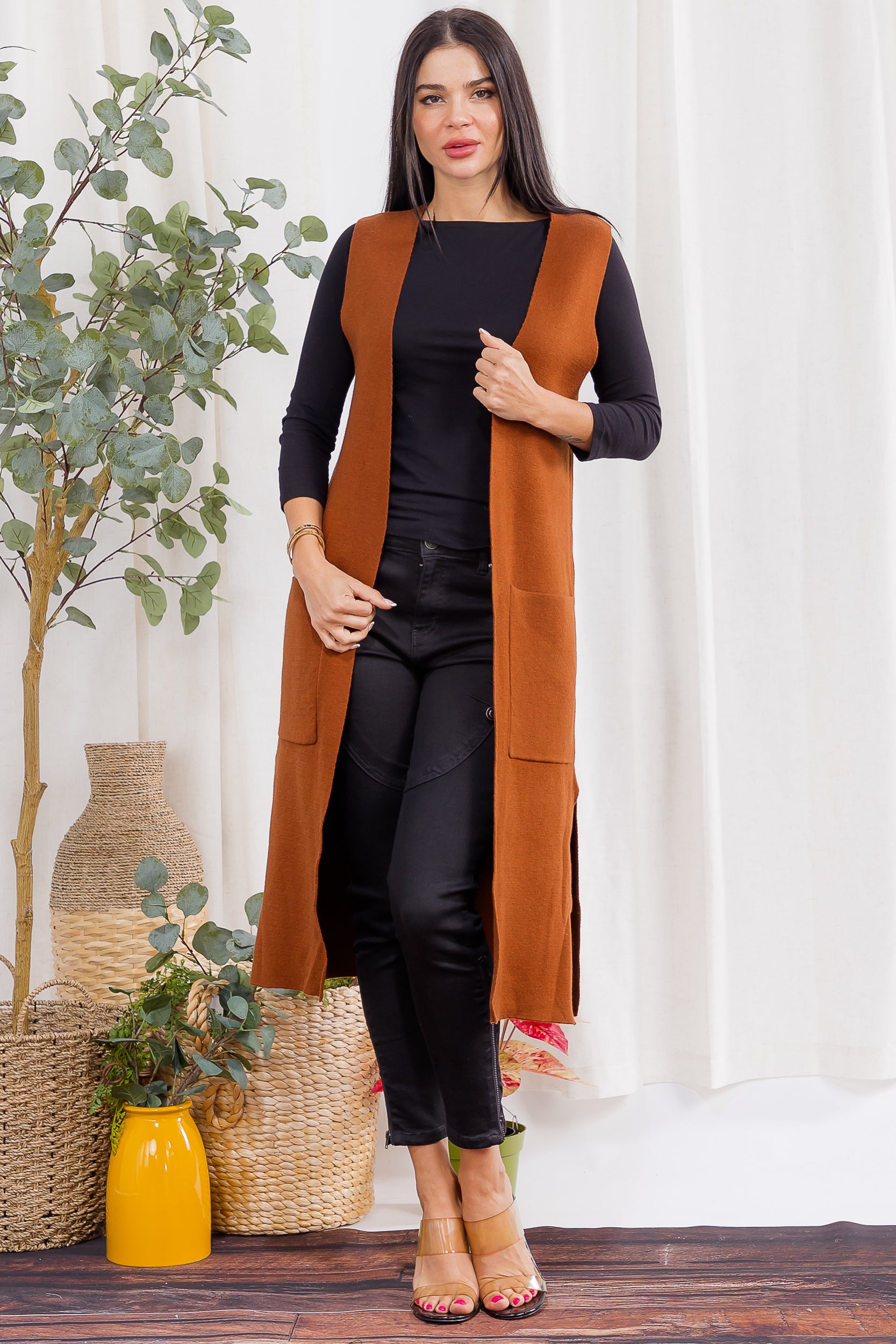 407-2 Open-Front Longline Sleeveless Cardigan