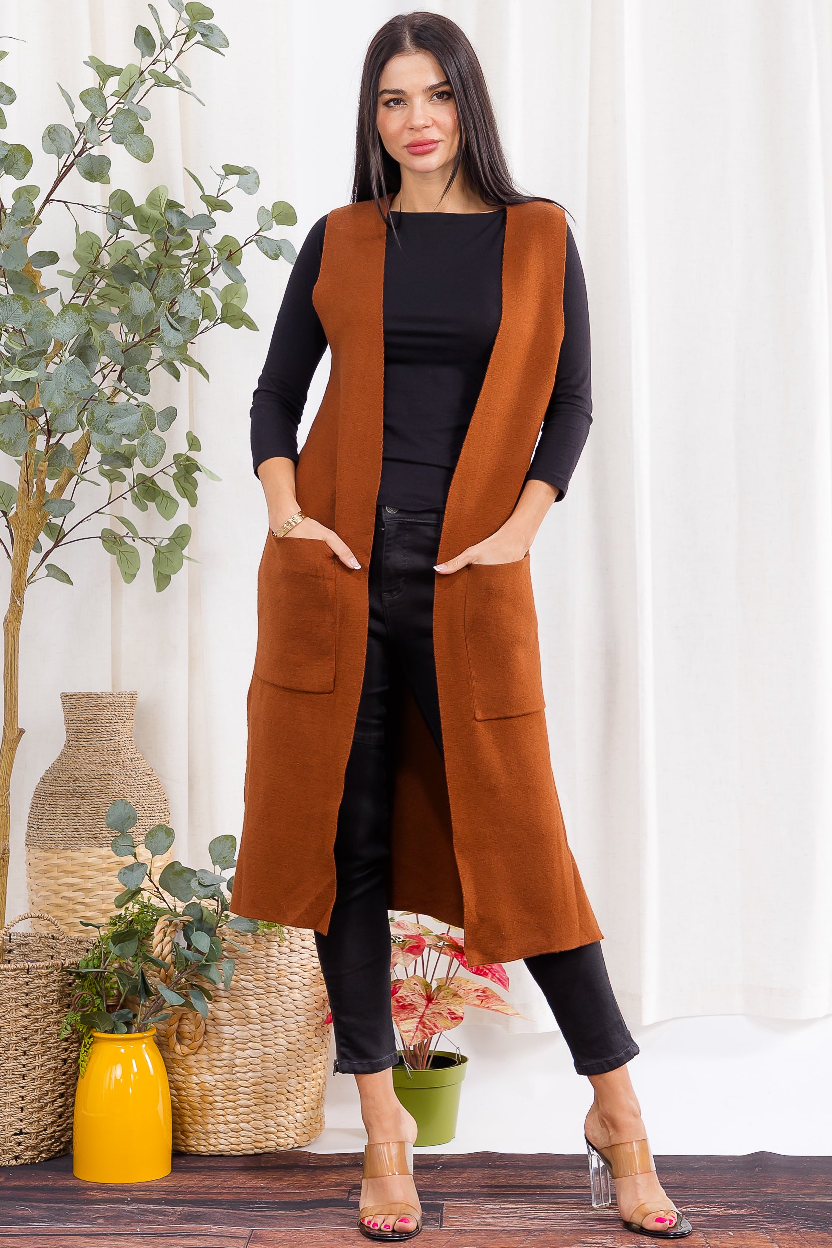 407-2 Open-Front Longline Sleeveless Cardigan