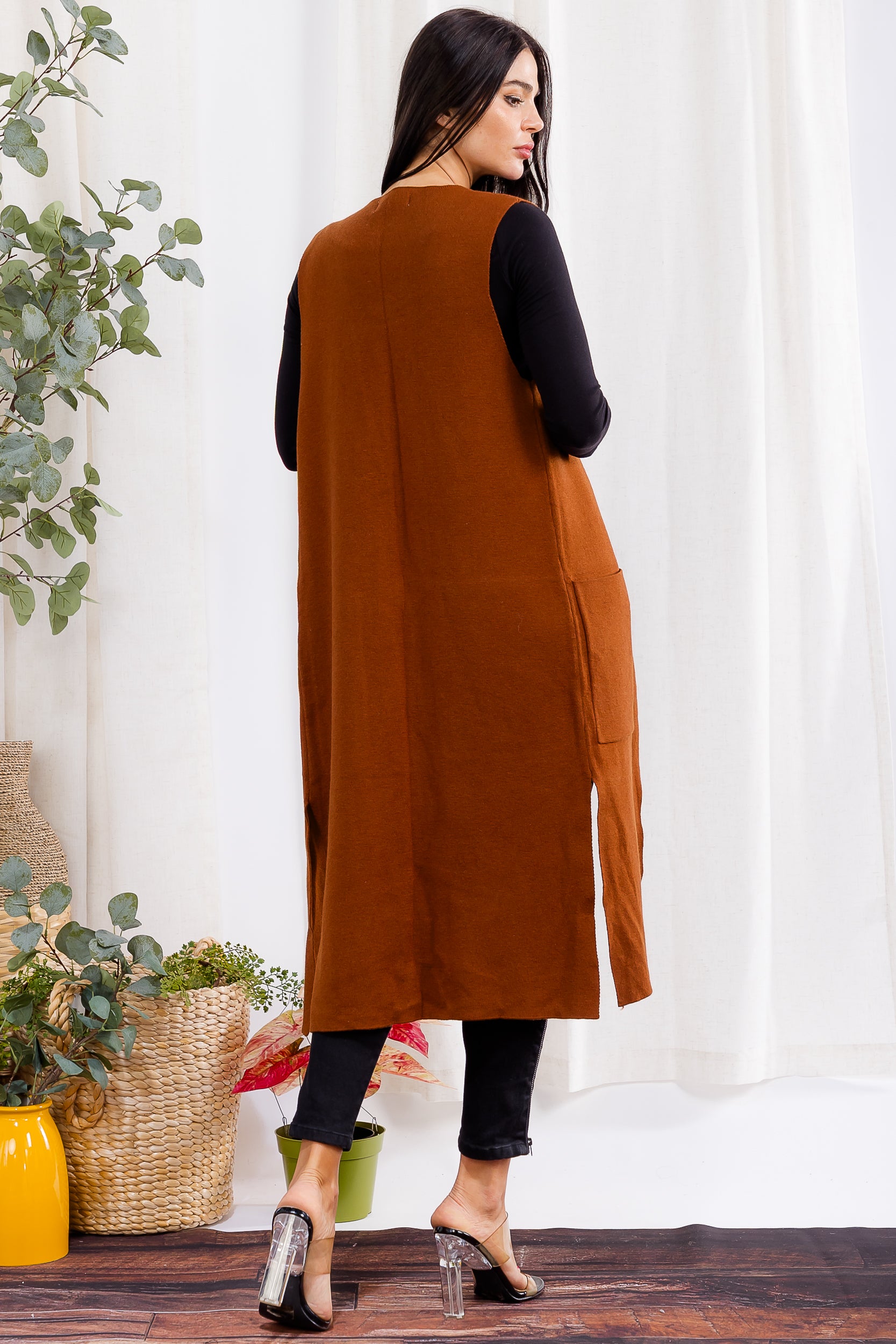 407-2 Open-Front Longline Sleeveless Cardigan