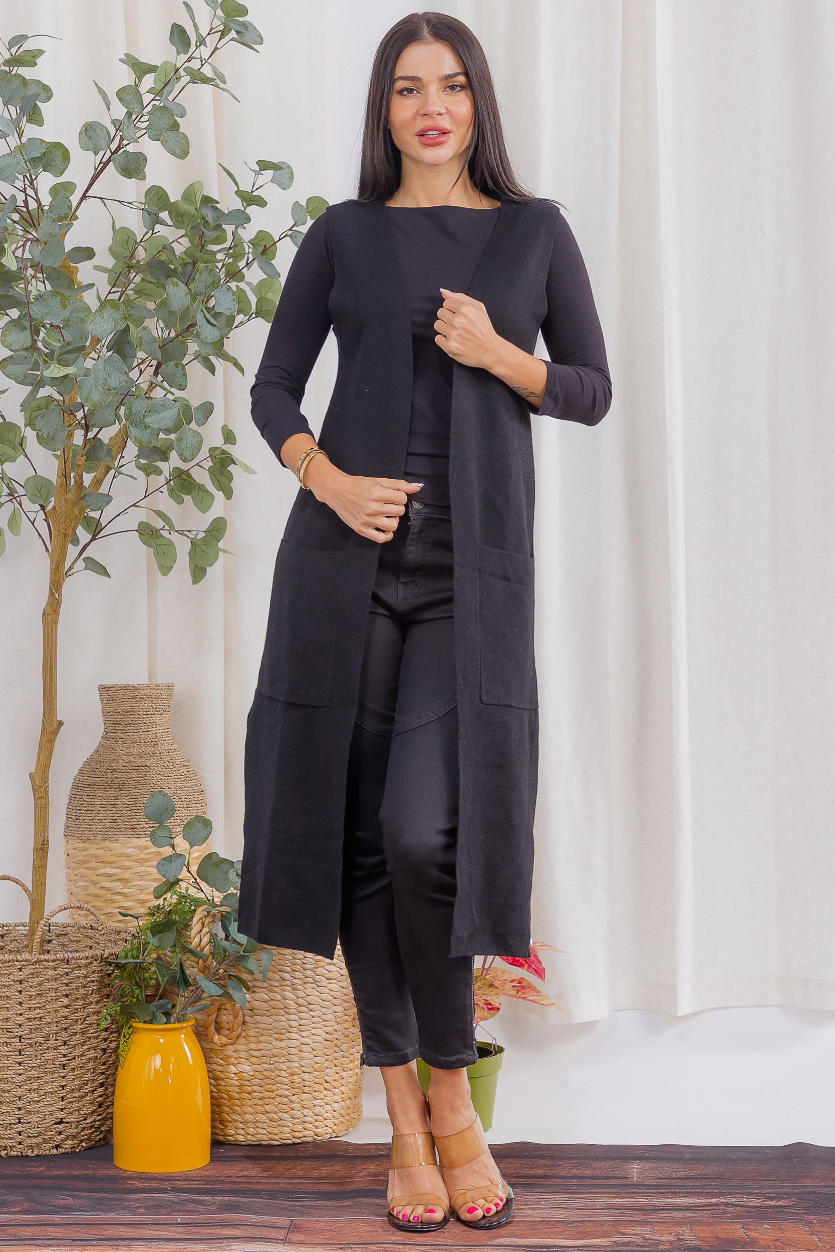 407-2 Open-Front Longline Sleeveless Cardigan