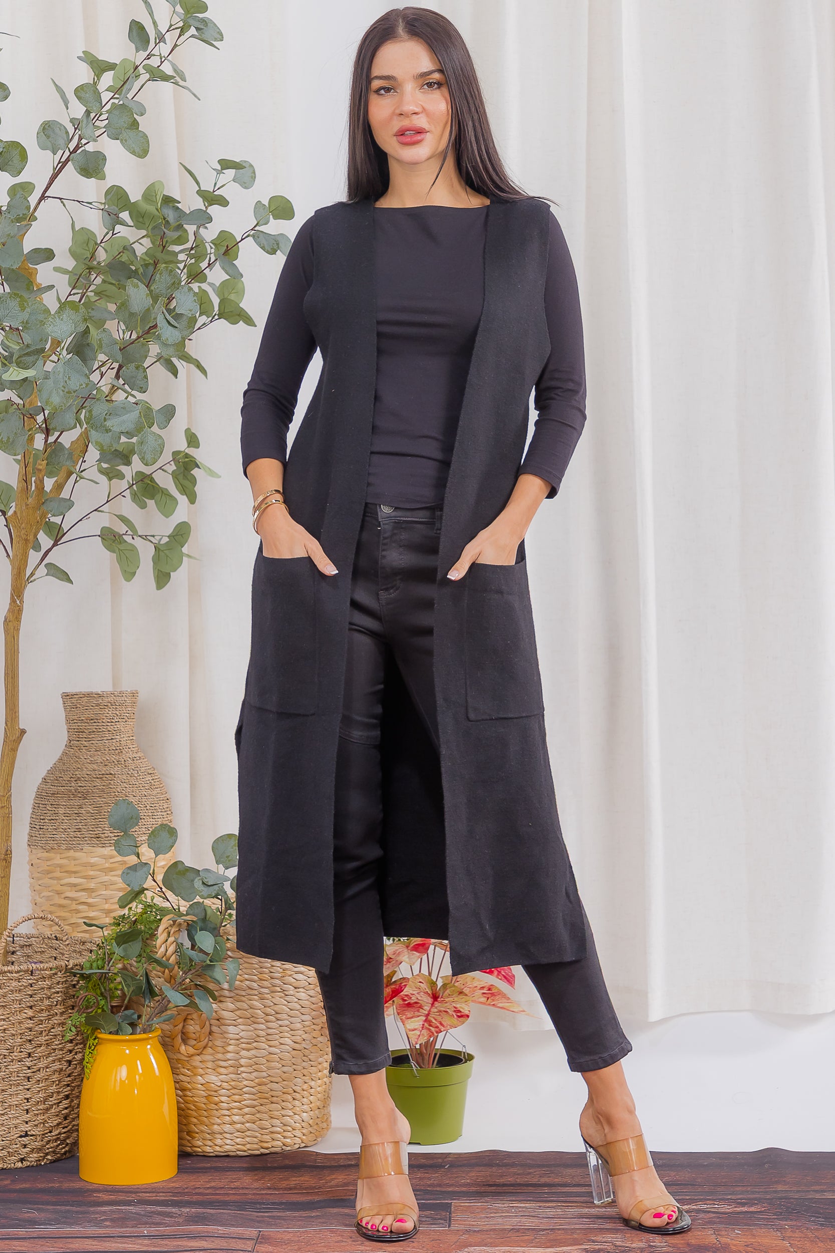 407-2 Open-Front Longline Sleeveless Cardigan