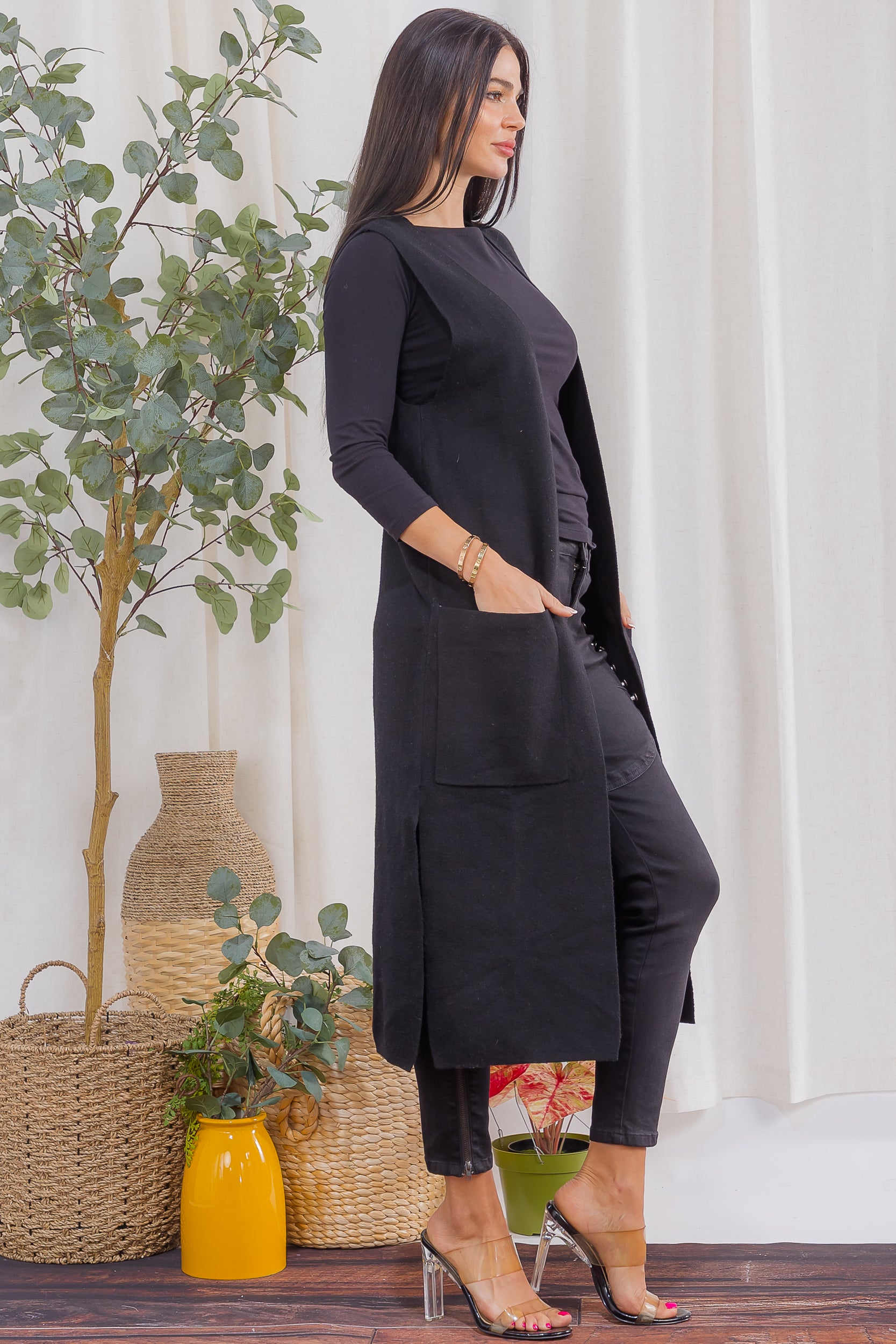 407-2 Open-Front Longline Sleeveless Cardigan