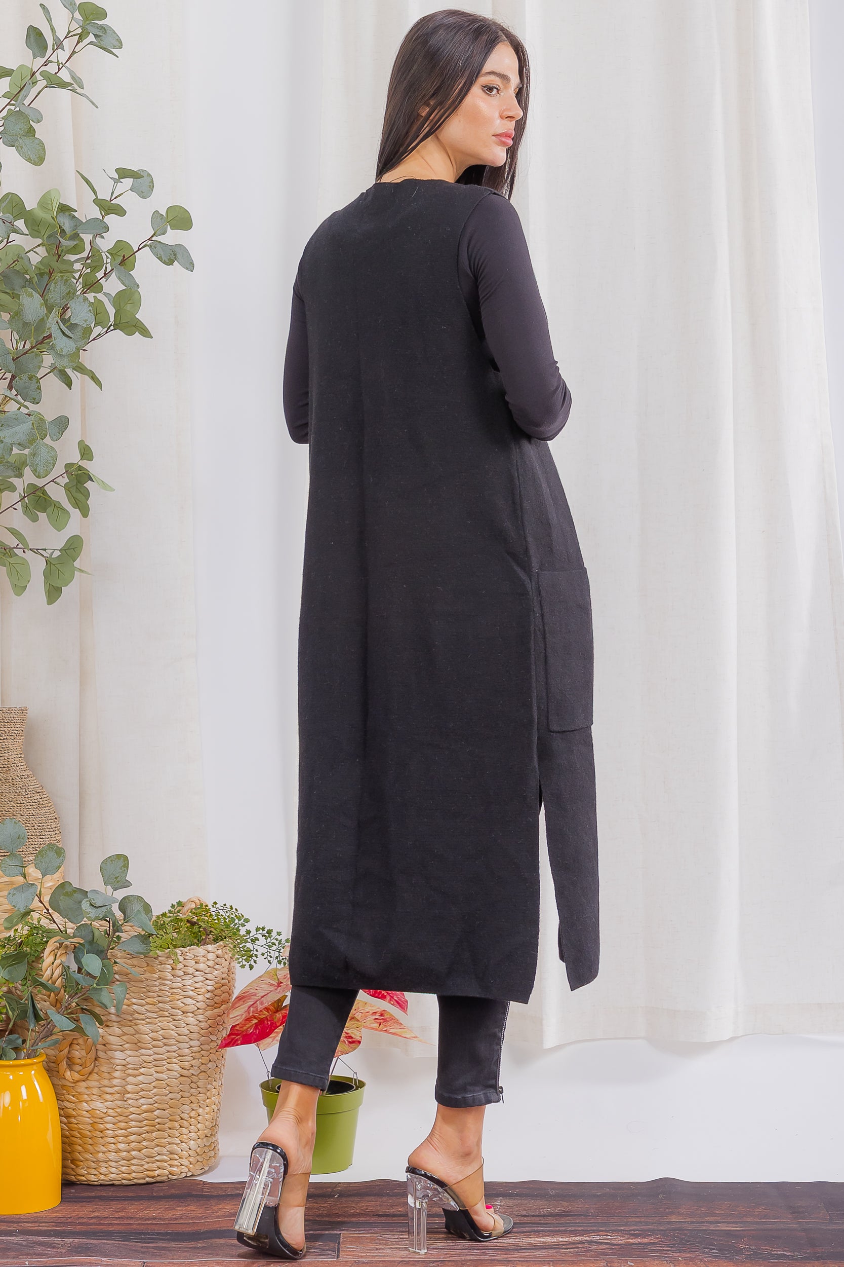 407-2 Open-Front Longline Sleeveless Cardigan