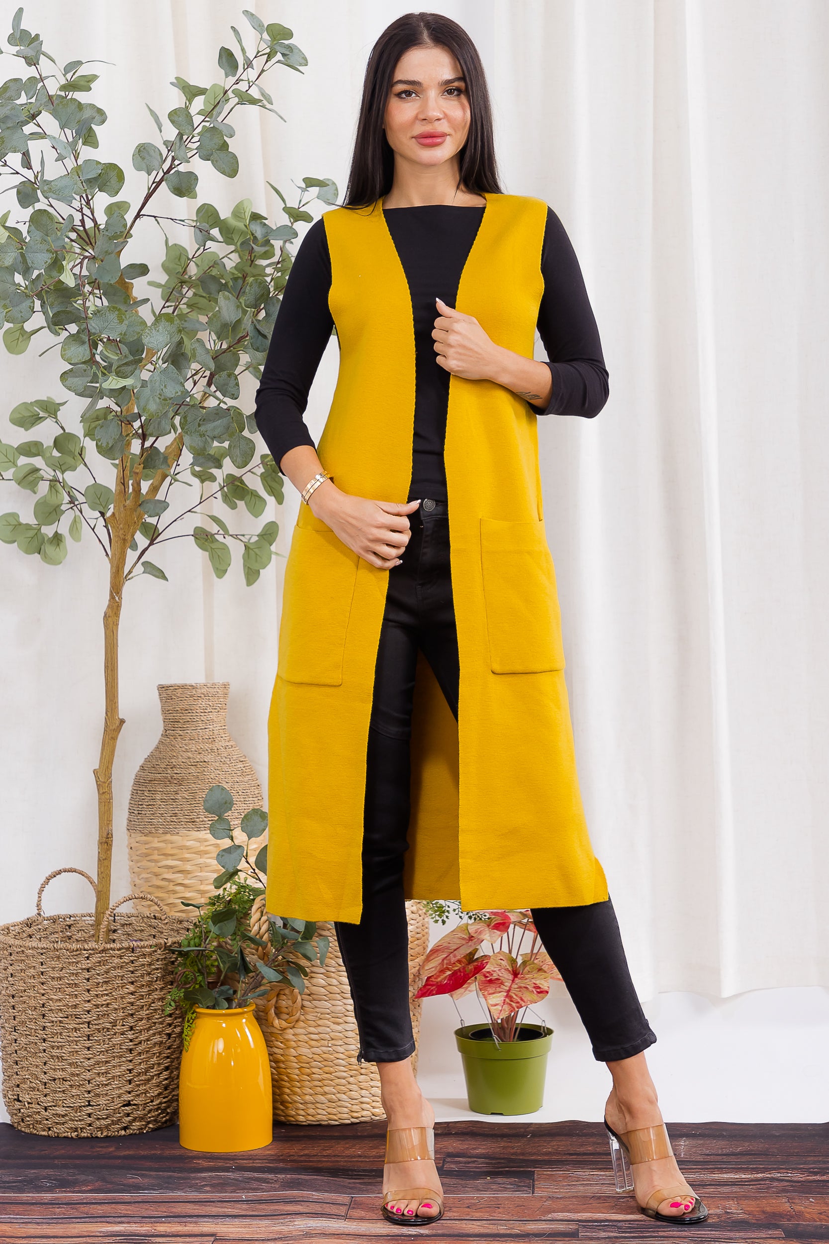 407-2 Open-Front Longline Sleeveless Cardigan