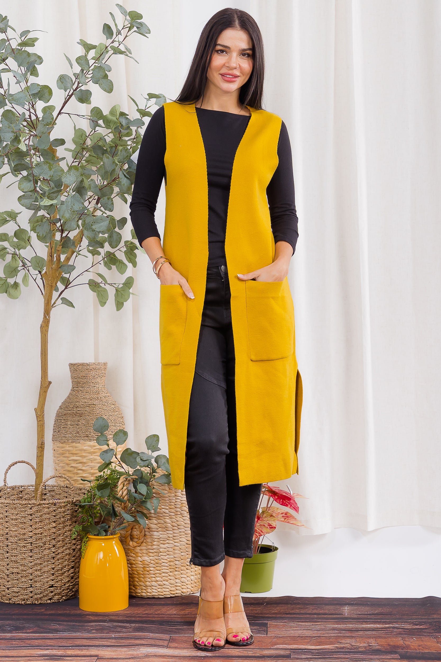 407-2 Open-Front Longline Sleeveless Cardigan