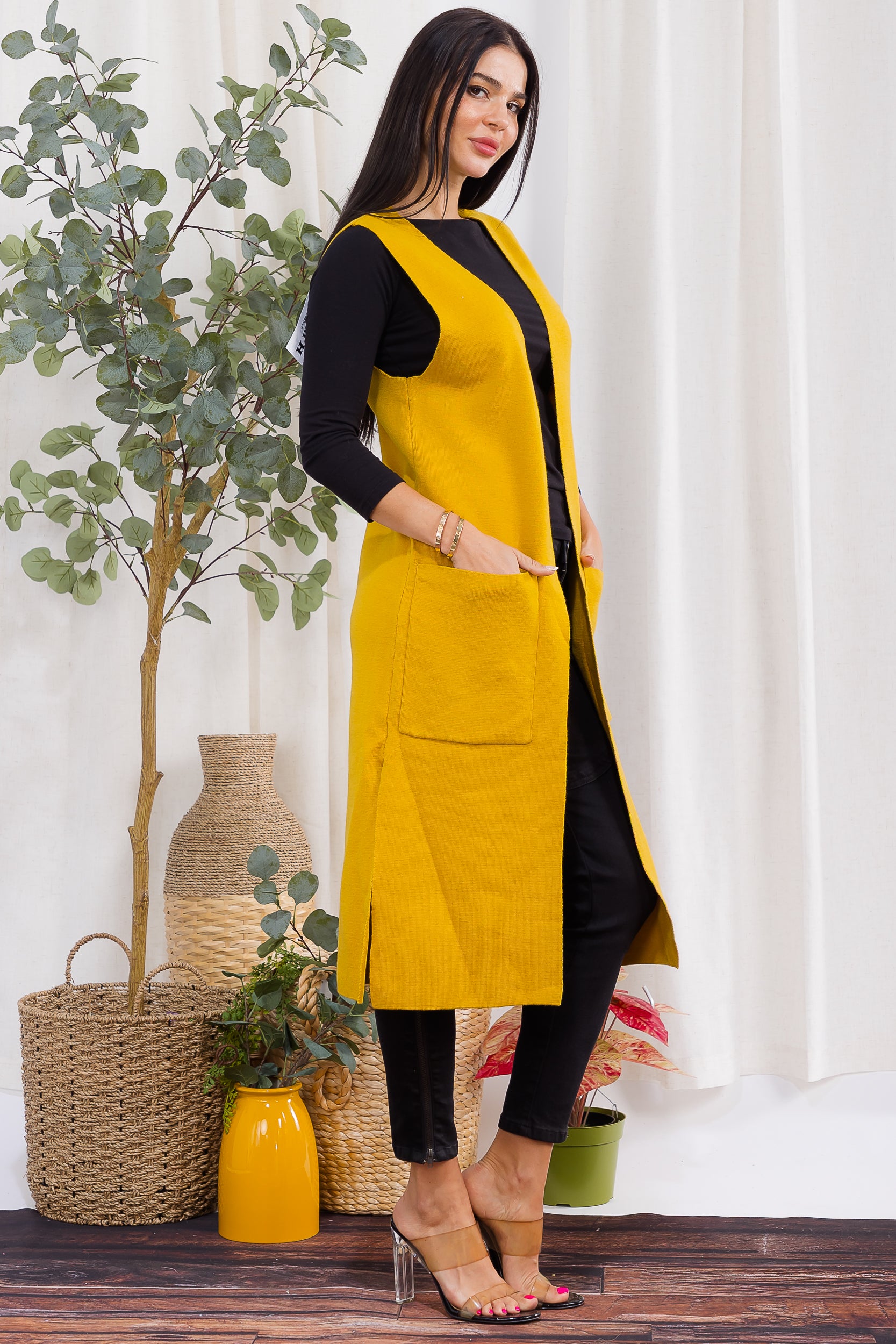 407-2 Open-Front Longline Sleeveless Cardigan