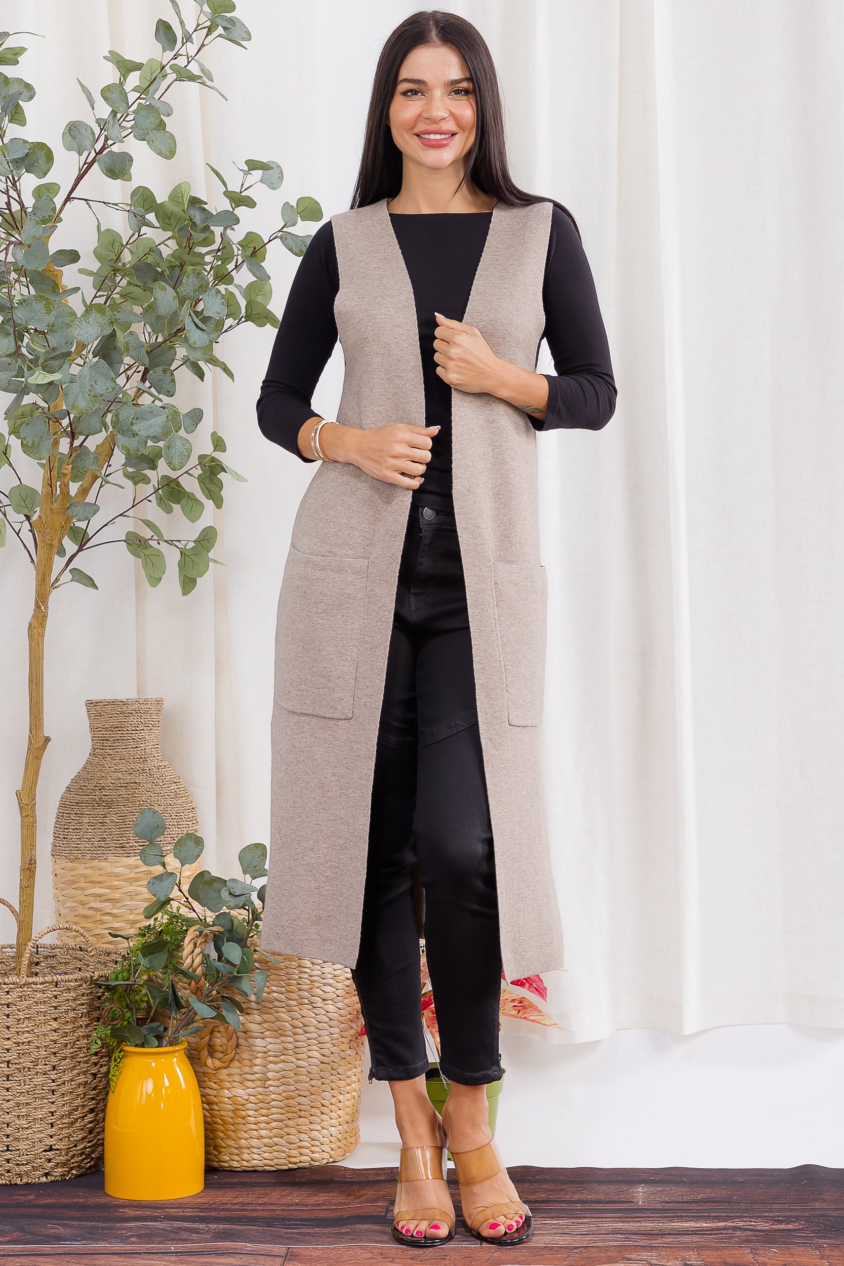 407-2 Open-Front Longline Sleeveless Cardigan