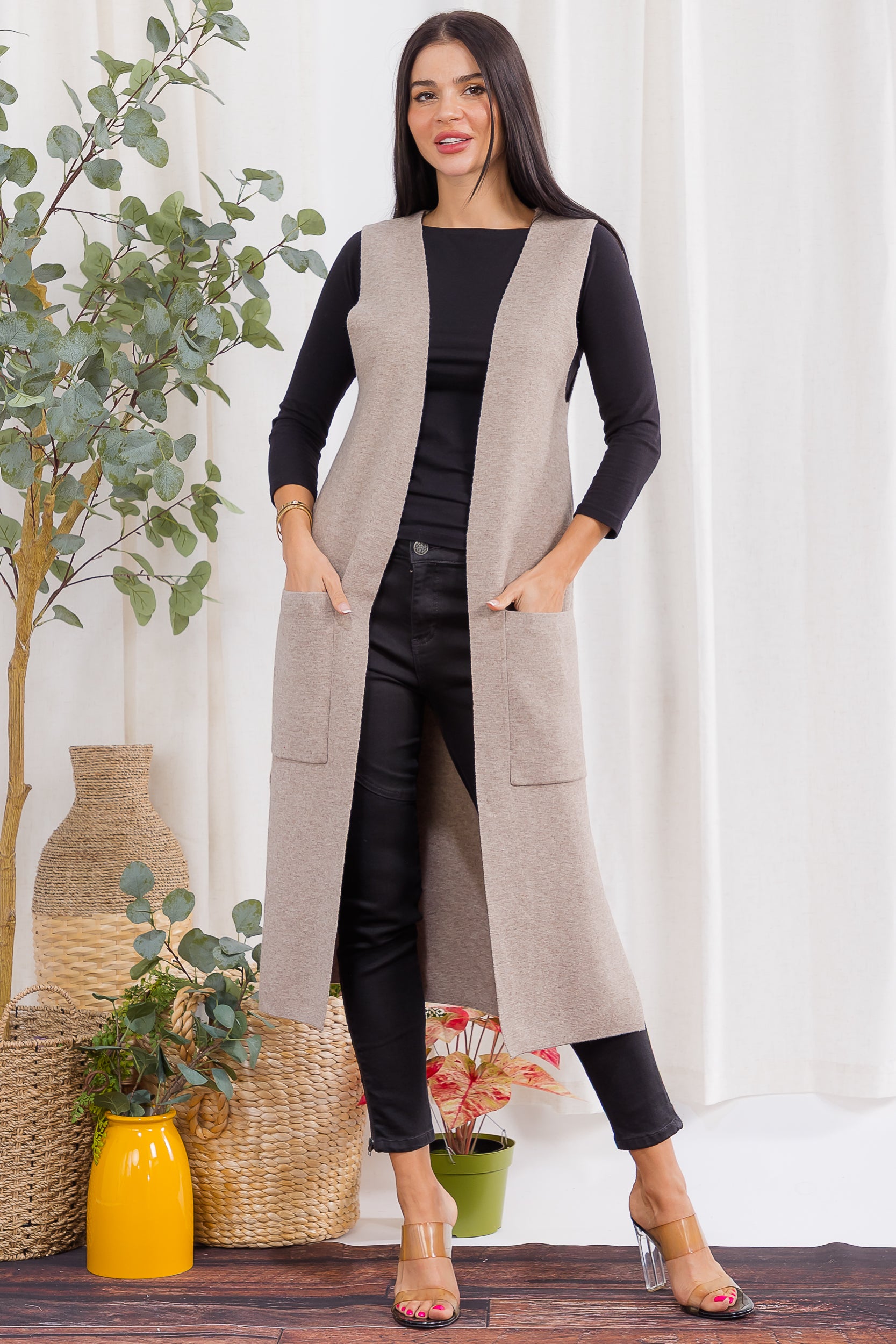 407-2 Open-Front Longline Sleeveless Cardigan